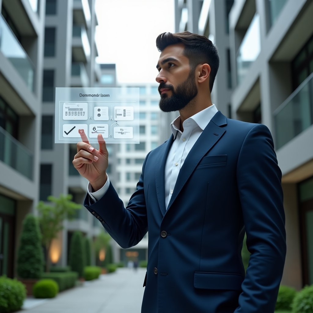 (Ultra-realistic property manager in a navy blue suit, set in a modern luxury condominium environment with high-rise buildings and green landscaping, thoughtfully pointing at a holographic maintenance schedule with floating calendar and checklist icons, conveying confidence and focus, cinematic lighting, shallow depth of field, highly detailed textures, realistic skin, photographic realism, 8k resolution --ar 1:1 --v 6)