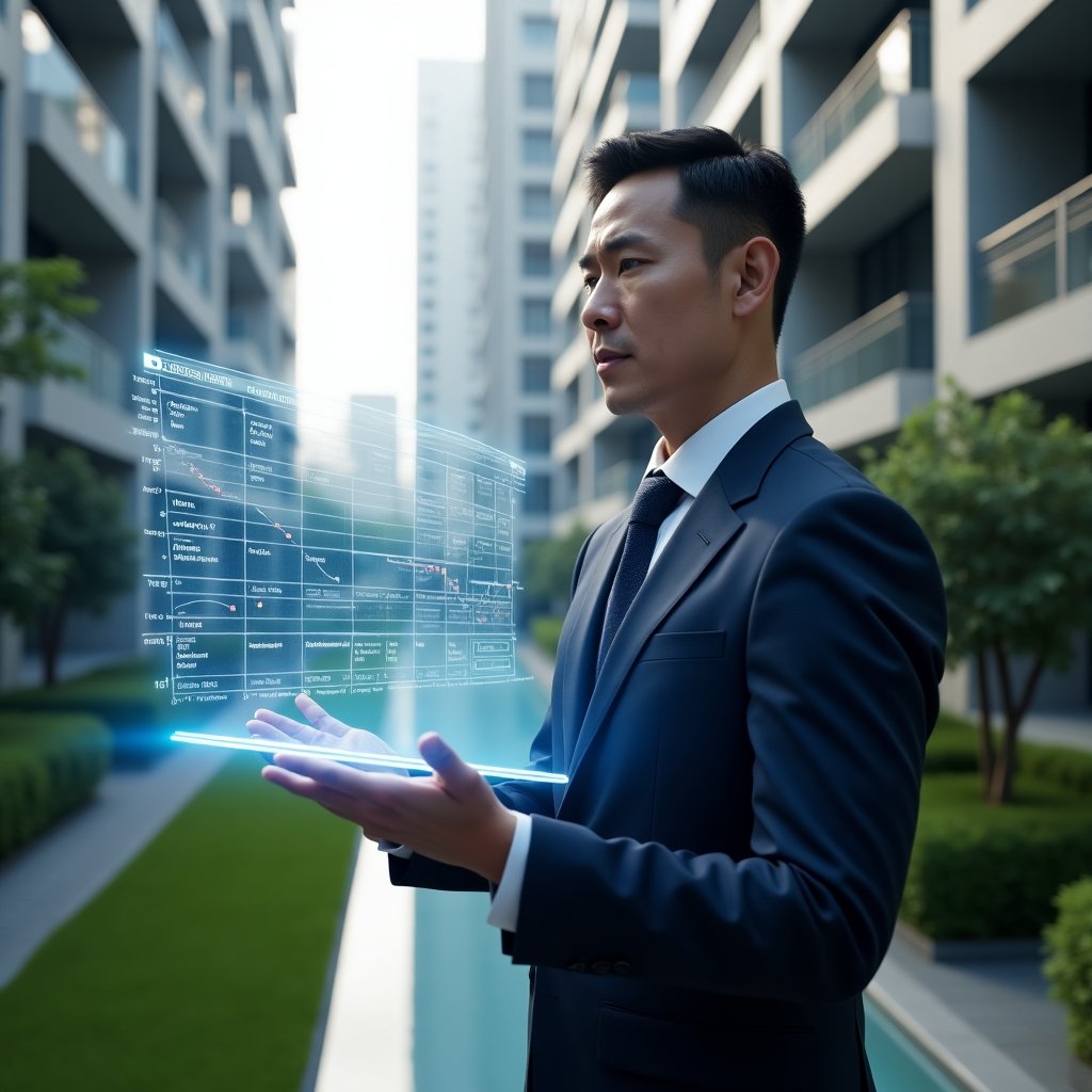 Ultra-realistic condominium property manager in a navy tailored suit, set in a modern luxury condominium environment with high-rise buildings and manicured green landscaping, medium shot of the manager confidently interacting with a floating holographic schedule and Gantt chart displaying construction tasks and deadlines, cinematic lighting, shallow depth of field, highly detailed textures, realistic skin, photographic realism, 8k resolution --ar 1:1 --v 6