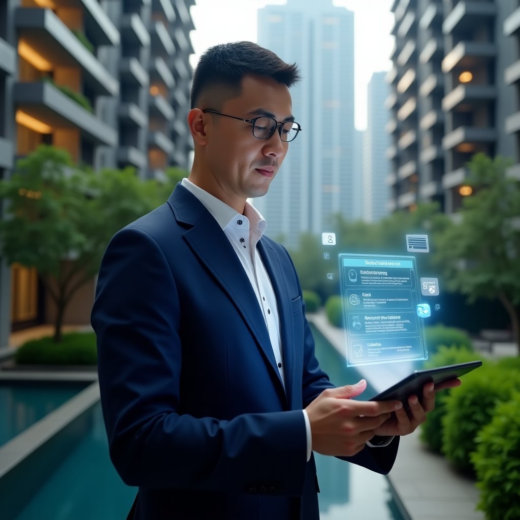 Ultra-realistic condominium manager in a navy blue suit, medium shot, set in a modern luxury condominium environment with high-rise buildings and lush green landscaping, reviewing a holographic digital schedule emerging from a tablet with floating icons for maintenance tasks, notifications, and checklists, confident and focused expression, cinematic lighting, shallow depth of field, highly detailed textures, realistic skin, photographic realism, 8k resolution --ar 1:1 --v 6