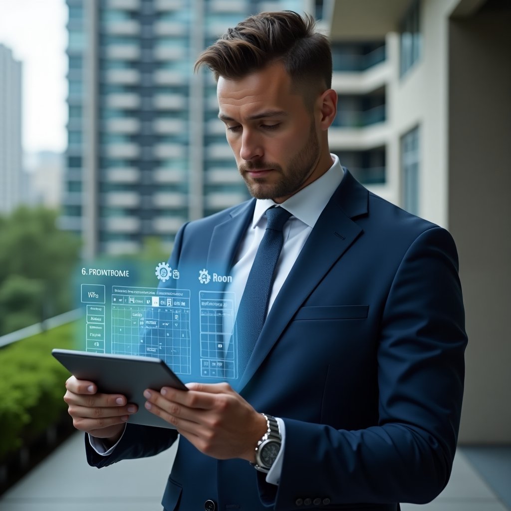 (Ultra-realistic condominium manager in a navy blue tailored suit, set in a modern luxury condominium environment with high-rise buildings and green landscaping, analyzing a holographic preventive maintenance schedule projected above a digital tablet, surrounded by floating calendar icons and gear symbols, confident focused expression, cinematic lighting, shallow depth of field, highly detailed textures, realistic skin, photographic realism, 8k resolution --ar 1:1 --v 6)
