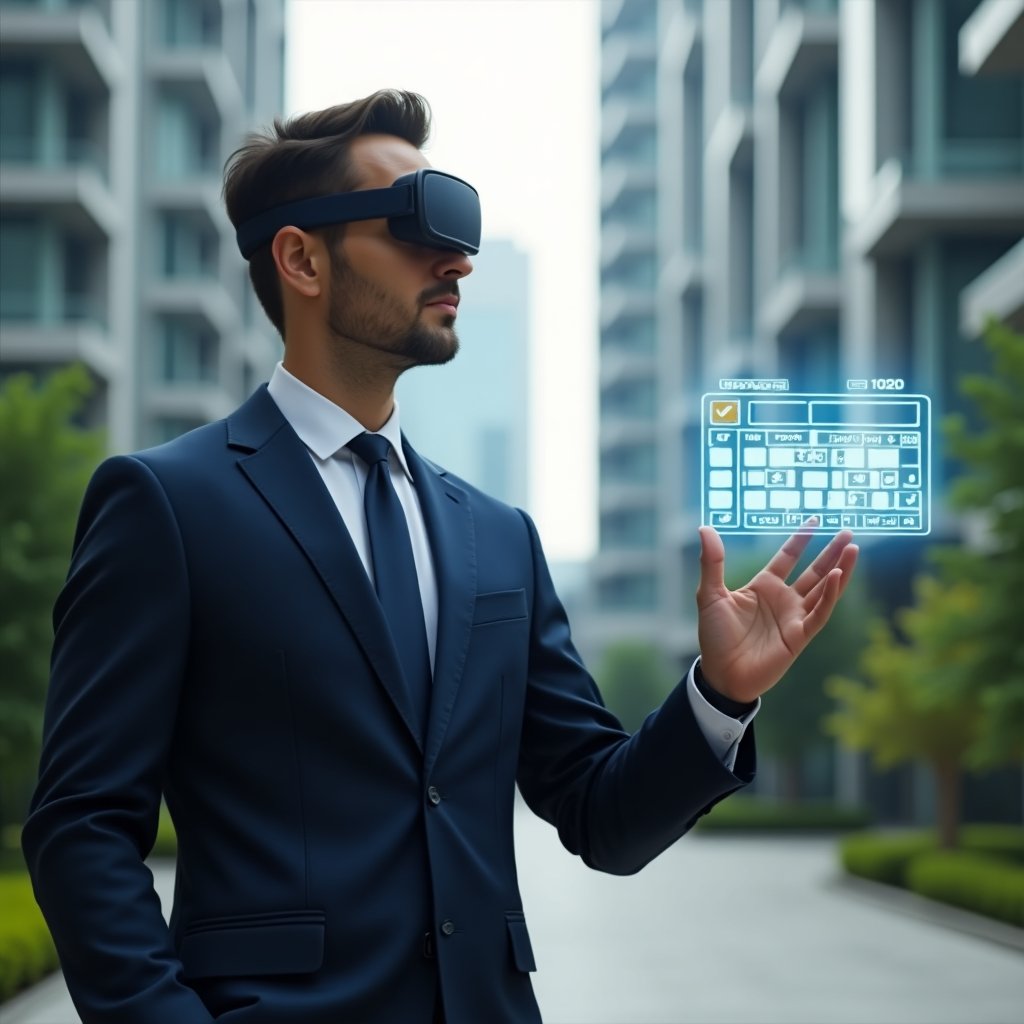 Ultra-realistic condominium manager in a tailored navy blue suit, set in a modern luxury condominium environment with high-rise buildings and well-manicured green landscaping, confidently gesturing towards a floating holographic activity schedule interface with calendar icons and checkmarks, cinematic lighting, shallow depth of field, highly detailed textures, realistic skin, photographic realism, 8k resolution --ar 1:1 --v 6