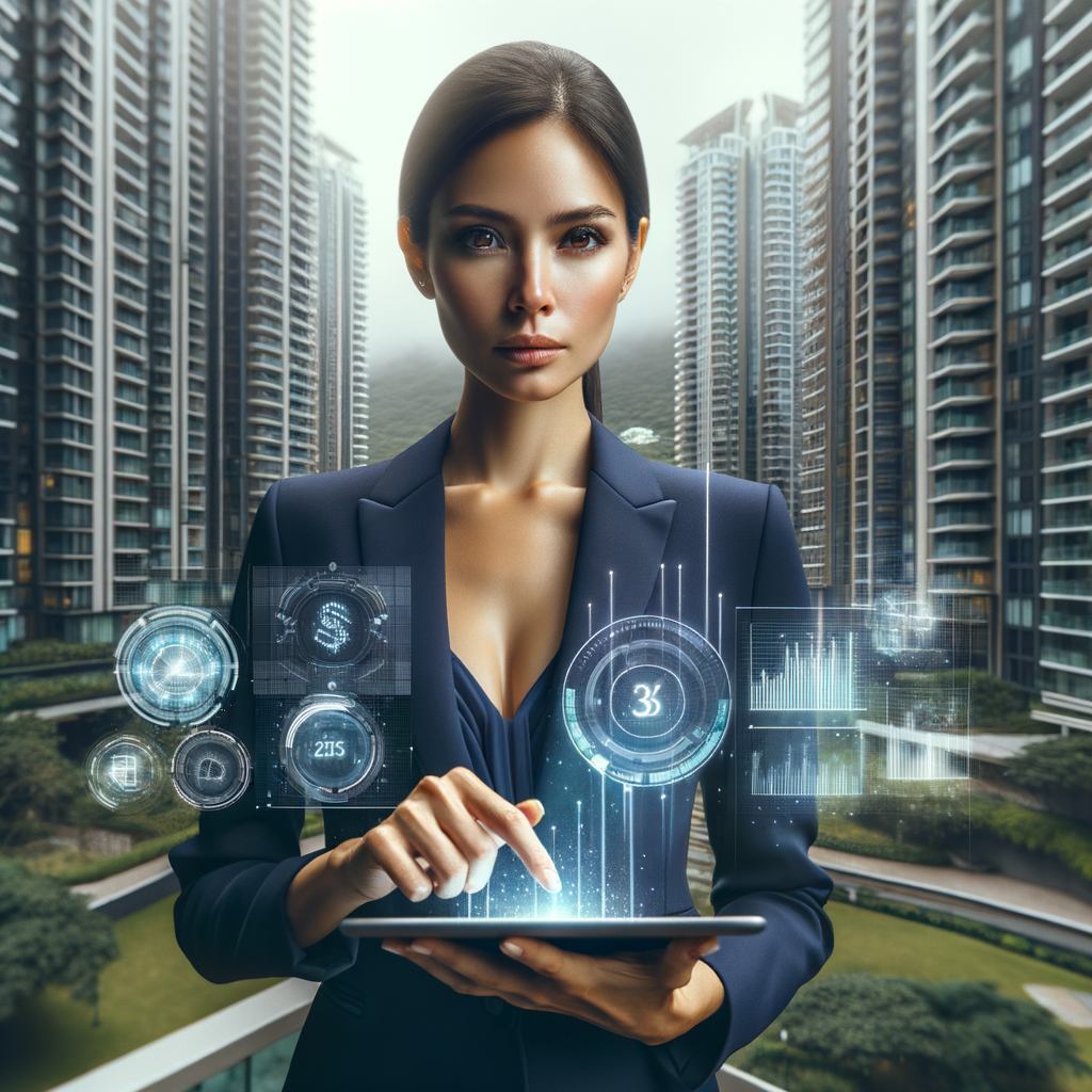 (Ultra-realistic condominium manager in a navy executive suit, set in a modern luxury condominium environment with high-rise buildings and lush green landscaping, holding a tablet and analyzing a holographic floating financial chart and ledger icons, confident and focused expression, cinematic lighting, shallow depth of field, highly detailed textures, realistic skin, photographic realism, 8k resolution --ar 1:1 --v 6)