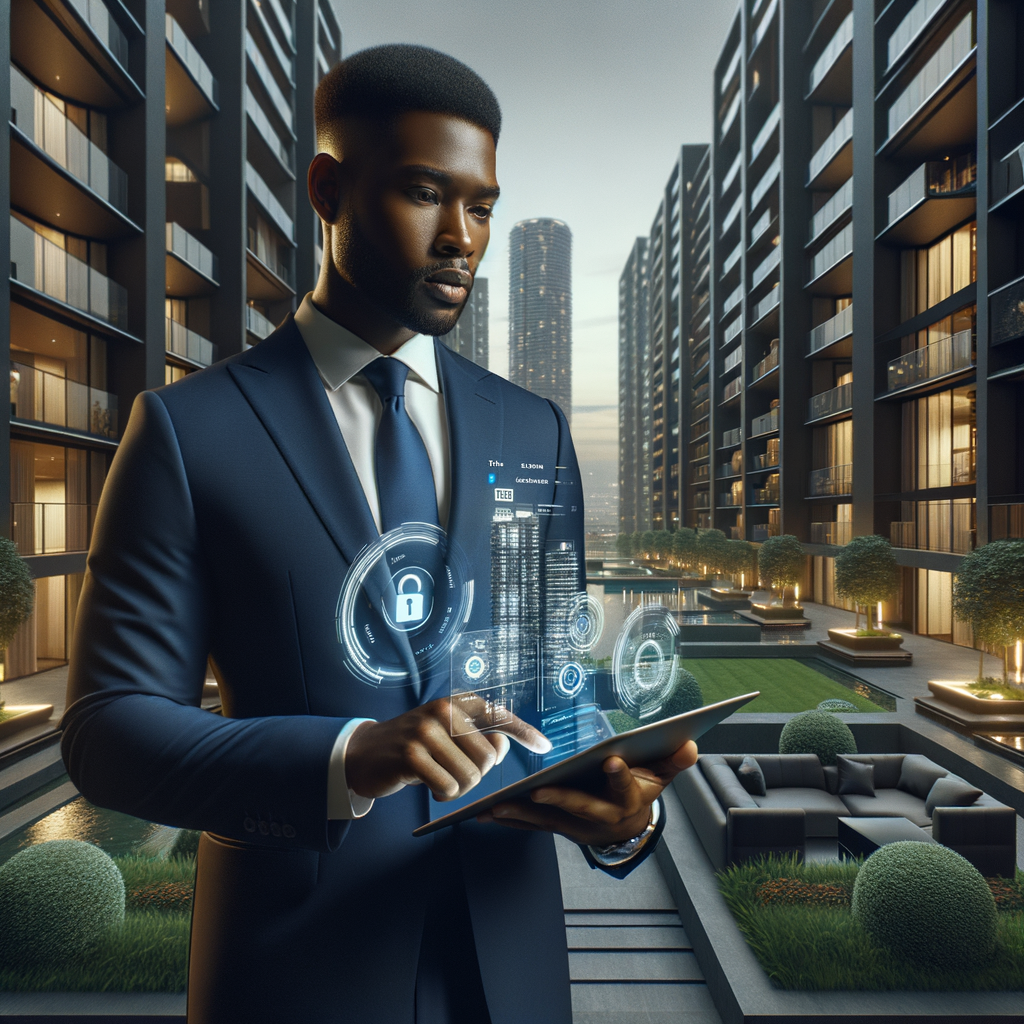 (Ultra-realistic property manager in a tailored navy blue suit, set in a modern luxury condominium environment with high-rise buildings and well-manicured green landscaping, mid shot of the manager tapping on a tablet that projects holographic interfaces showing financial graphs, chat bubbles and a security lock icon, confident expression, cinematic lighting, shallow depth of field, highly detailed textures, realistic skin, photographic realism, 8k resolution --ar 1:1 --v 6)