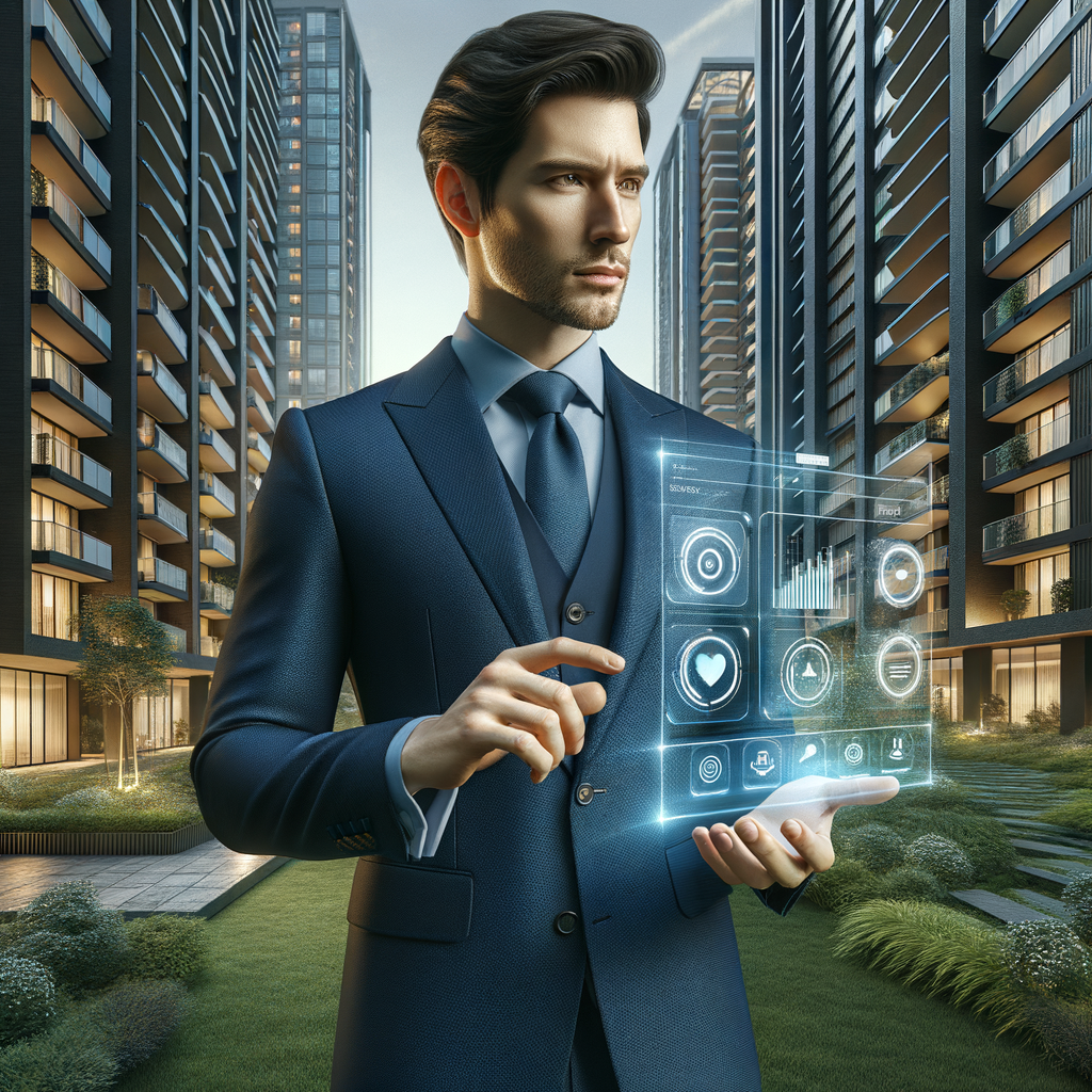 Ultra-realistic condominium manager in a navy blue executive suit, set in a modern luxury condominium environment with high-rise buildings and manicured green landscaping, interacting with a floating holographic mobile app interface showing graphs and notification icons, confident expression, cinematic lighting, shallow depth of field, highly detailed textures, realistic skin, photographic realism, 8k resolution --ar 1:1 --v 6