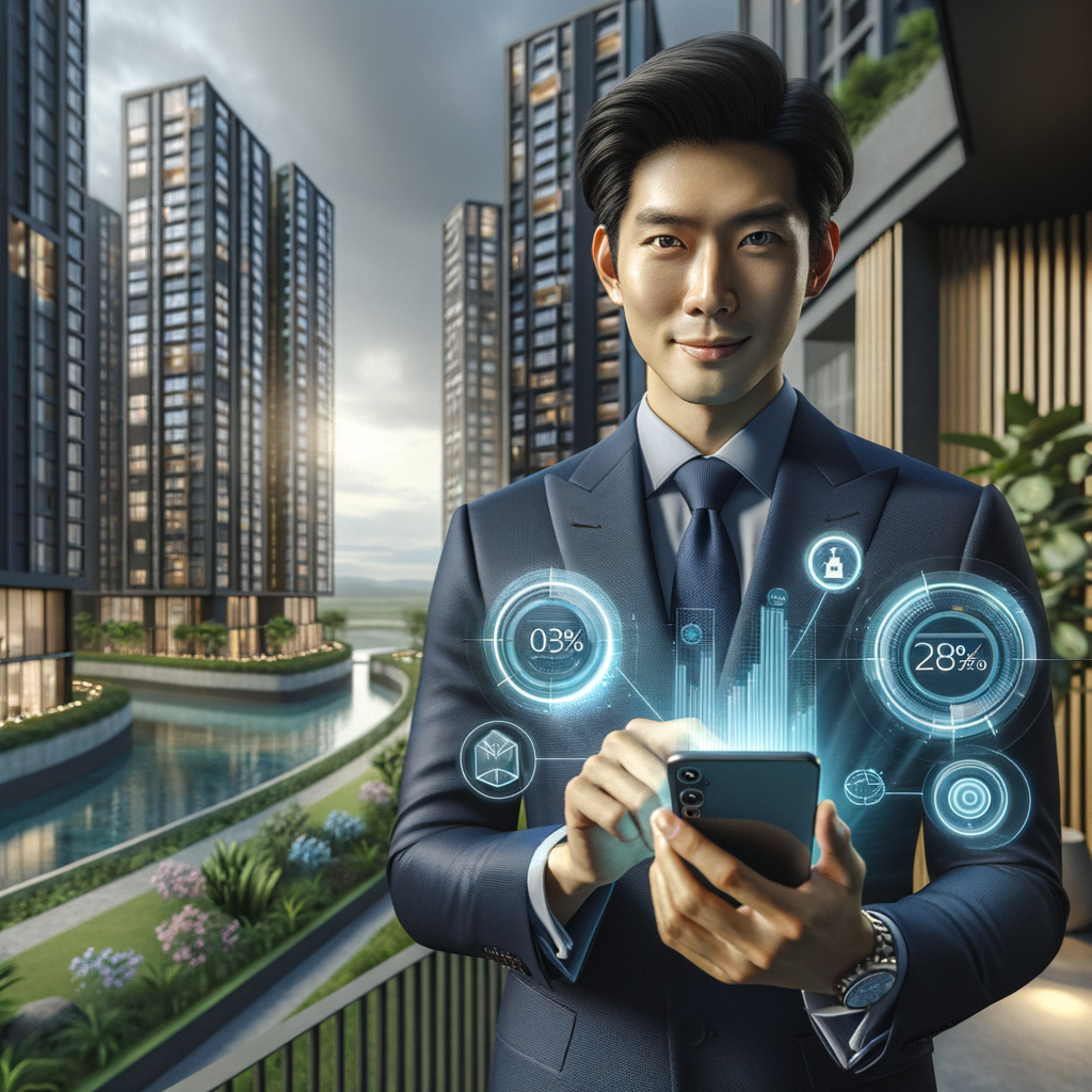 (Ultra-realistic condominium manager in a navy blue tailored suit, set in a modern luxury condominium environment with high-rise buildings and lush green landscaping, holding a smartphone projecting a holographic interface of financial charts, chat bubbles and maintenance icons, smiling confidently as he interacts with the digital dashboard, cinematic lighting, shallow depth of field, highly detailed textures, realistic skin, photographic realism, 8k resolution --ar 1:1 --v 6)