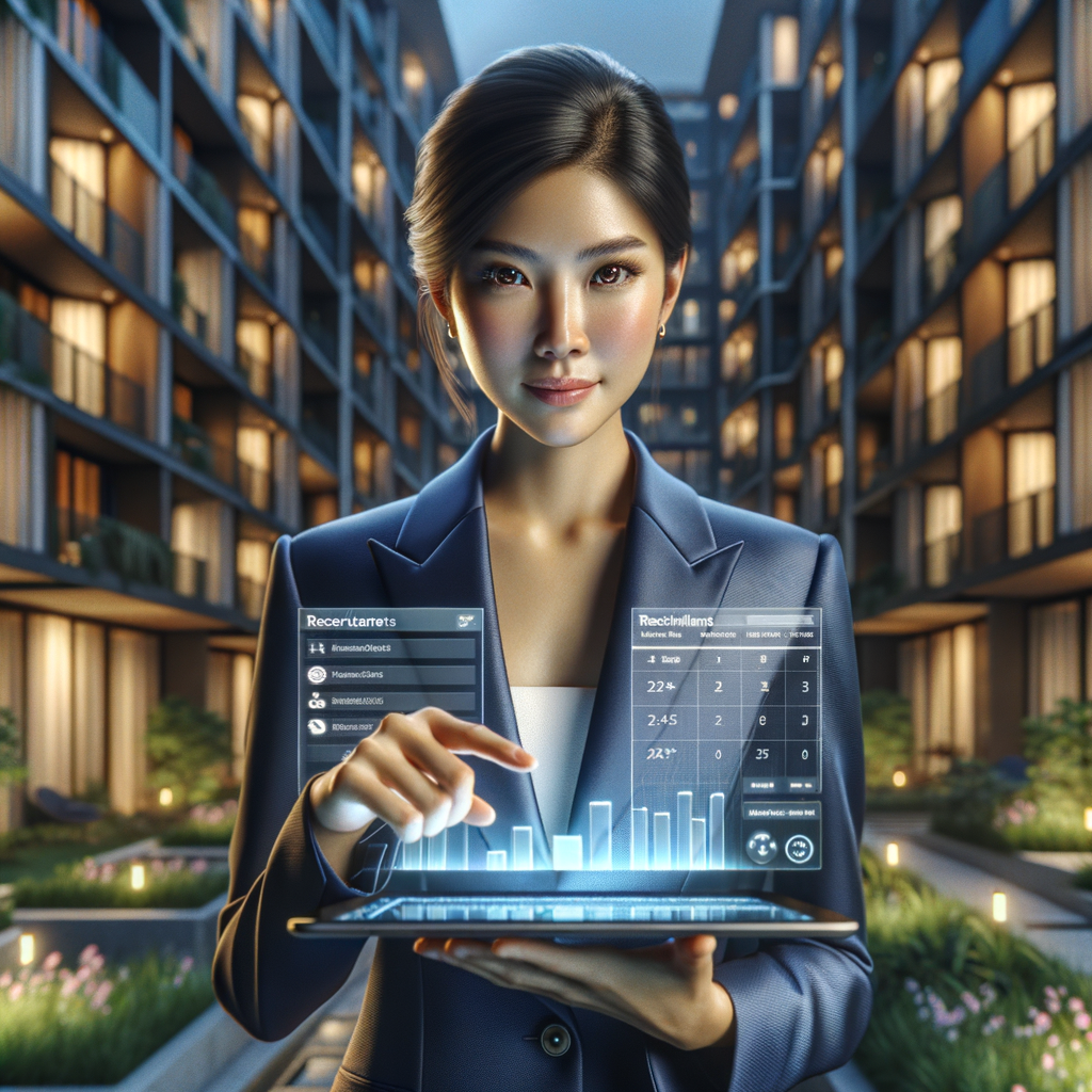 (Ultra-realistic condominium manager in a tailored navy blue suit, set in a modern luxury condominium environment with high-rise buildings and well-kept green landscaping, holding a tablet with a holographic app interface showing reservation calendars, notifications and financial charts, smiling confidently while analyzing data, cinematic lighting, shallow depth of field, highly detailed textures, realistic skin, photographic realism, 8k resolution --ar 1:1 --v 6)