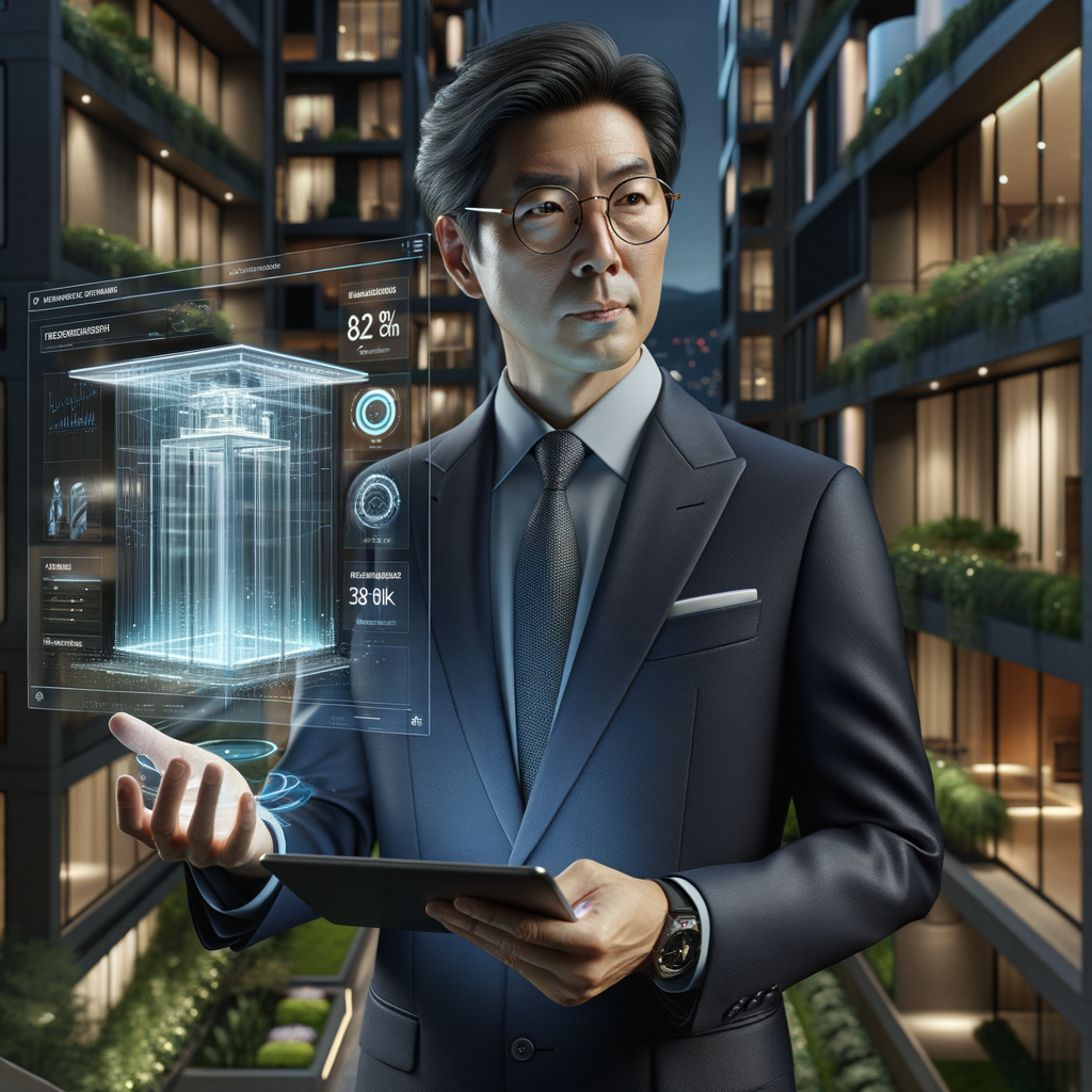 Ultra-realistic property manager in a tailored navy suit, set in a modern luxury condominium environment with high-rise buildings and manicured green landscaping, holding a tablet displaying a holographic elevator maintenance dashboard with cost-reduction charts, confidently analyzing data, a transparent elevator schematic hologram floating beside them, cinematic lighting, shallow depth of field, highly detailed textures, realistic skin, photographic realism, 8k resolution --ar 1:1 --v 6