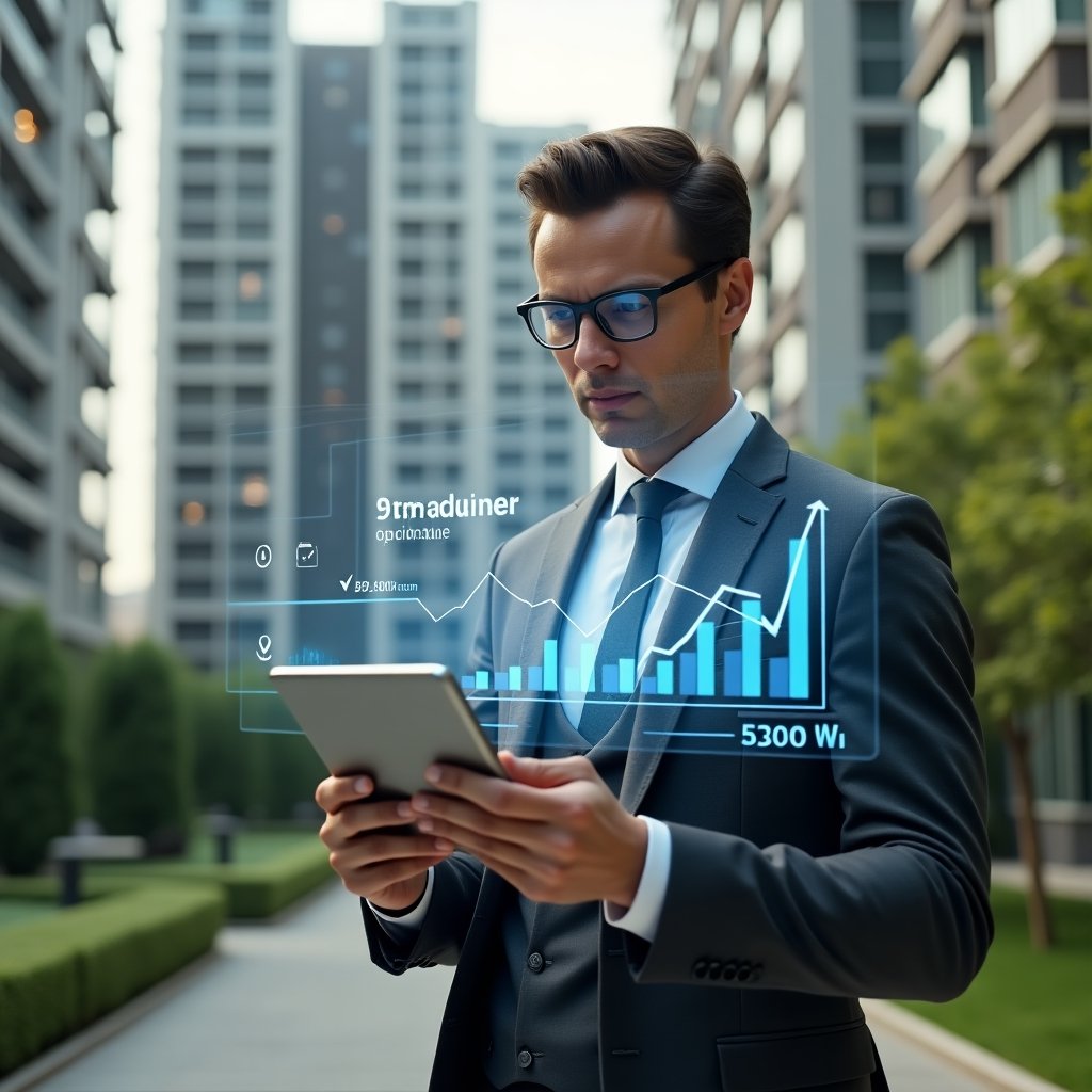 (Ultra-realistic condominium manager in a charcoal gray tailored suit, set in a modern luxury condominium environment with high-rise buildings and manicured green landscaping, confidently reviewing a floating holographic financial chart showing declining delinquency rates, holding a sleek tablet with payment reminder and checkmark icons, cinematic lighting, shallow depth of field, highly detailed textures, realistic skin, photographic realism, 8k resolution --ar 1:1 --v 6)