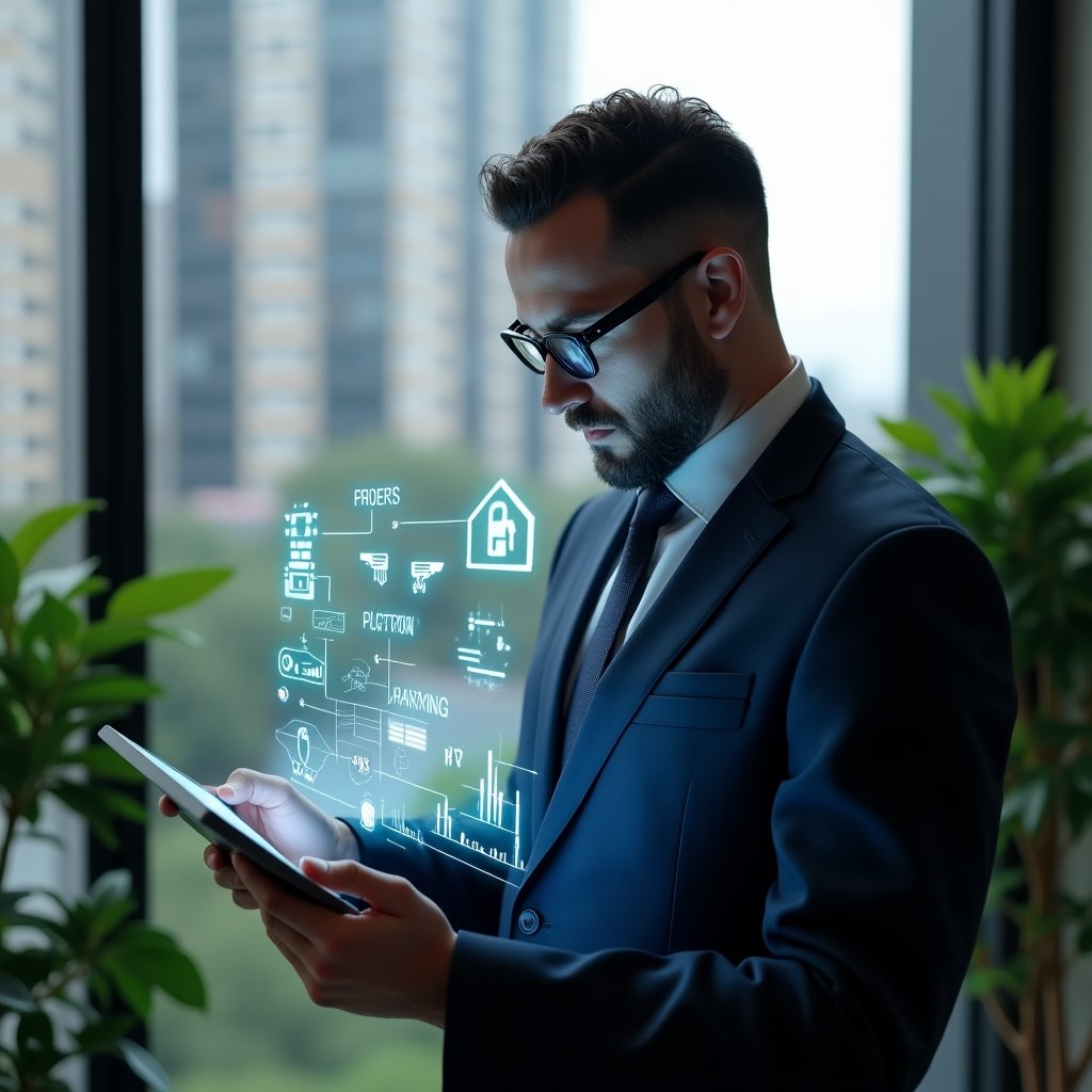 Ultra-realistic property manager in a dark navy blue suit, medium shot, set in a modern luxury condominium environment with high-rise buildings and lush green landscaping, analyzing a holographic security budget dashboard on a tablet with a confident expression, holographic icons of security cameras and financial charts floating around, cinematic lighting, shallow depth of field, highly detailed textures, realistic skin, photographic realism, 8k resolution --ar 1:1 --v 6