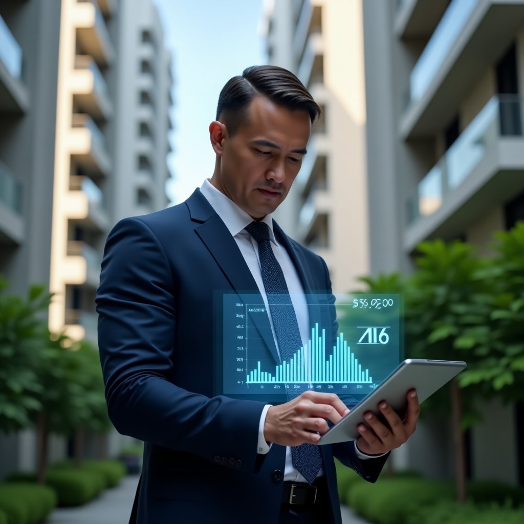(Ultra-realistic condo manager in a tailored navy suit, set in a modern luxury condominium environment with high-rise buildings and lush green landscaping, mid-shot, analyzing floating holographic expense and cost-reduction charts projected above a digital tablet, confident and focused expression, cinematic lighting, shallow depth of field, highly detailed textures, realistic skin, photographic realism, 8k resolution --ar 1:1 --v 6)