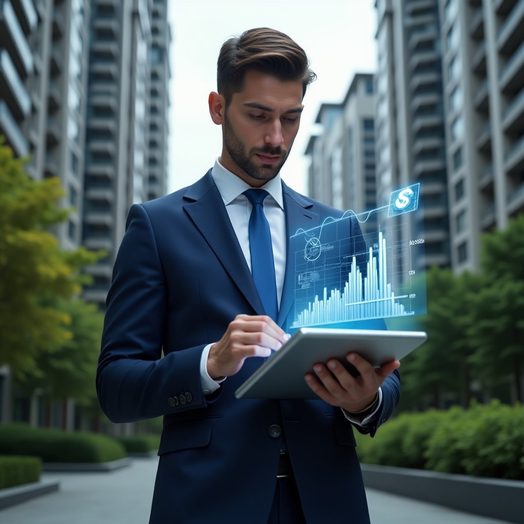 Ultra-realistic condominium manager in a tailored navy blue suit, set in a modern luxury condominium environment with high-rise buildings and lush green landscaping, analyzing a holographic financial chart projected from a tablet, floating icons of bar graphs and dollar signs, confident and focused expression, cinematic lighting, shallow depth of field, highly detailed textures, realistic skin, photographic realism, 8k resolution --ar 1:1 --v 6