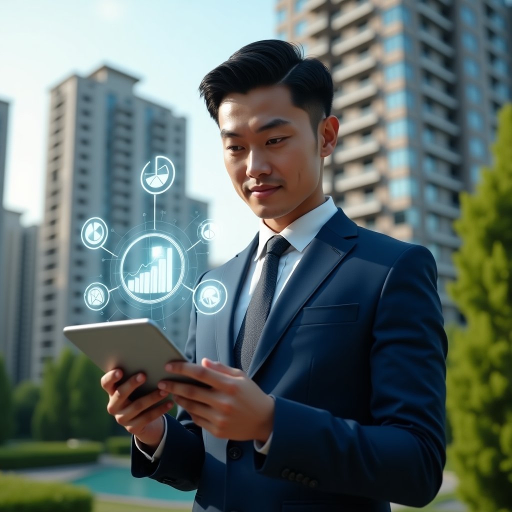 (Ultra-realistic condominium manager in a navy suit, set in a modern luxury condominium environment with high-rise buildings and lush green landscaping, reviewing a tablet displaying holographic budget charts and floating pie-graph icons, confident and focused expression, cinematic lighting, shallow depth of field, highly detailed textures, realistic skin, photographic realism, 8k resolution --ar 1:1 --v 6)