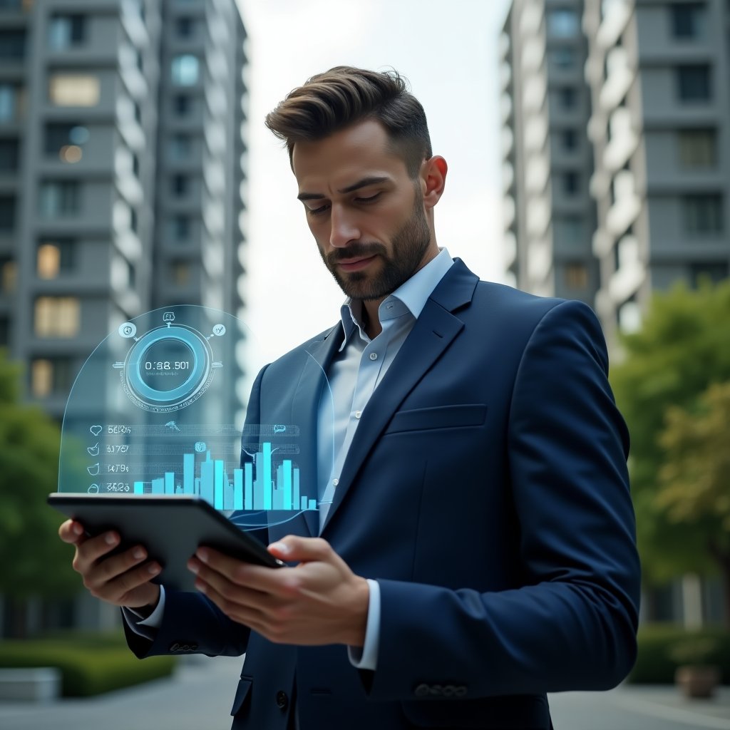 Ultra-realistic condominium manager in a navy blue tailored suit, set in a modern luxury condominium environment with high-rise buildings and lush green landscaping, holding a sleek tablet displaying a holographic financial dashboard and app icons, confident expression as they analyze cost-saving charts, cinematic lighting, shallow depth of field, highly detailed textures, realistic skin, photographic realism, 8k resolution --ar 1:1 --v 6
