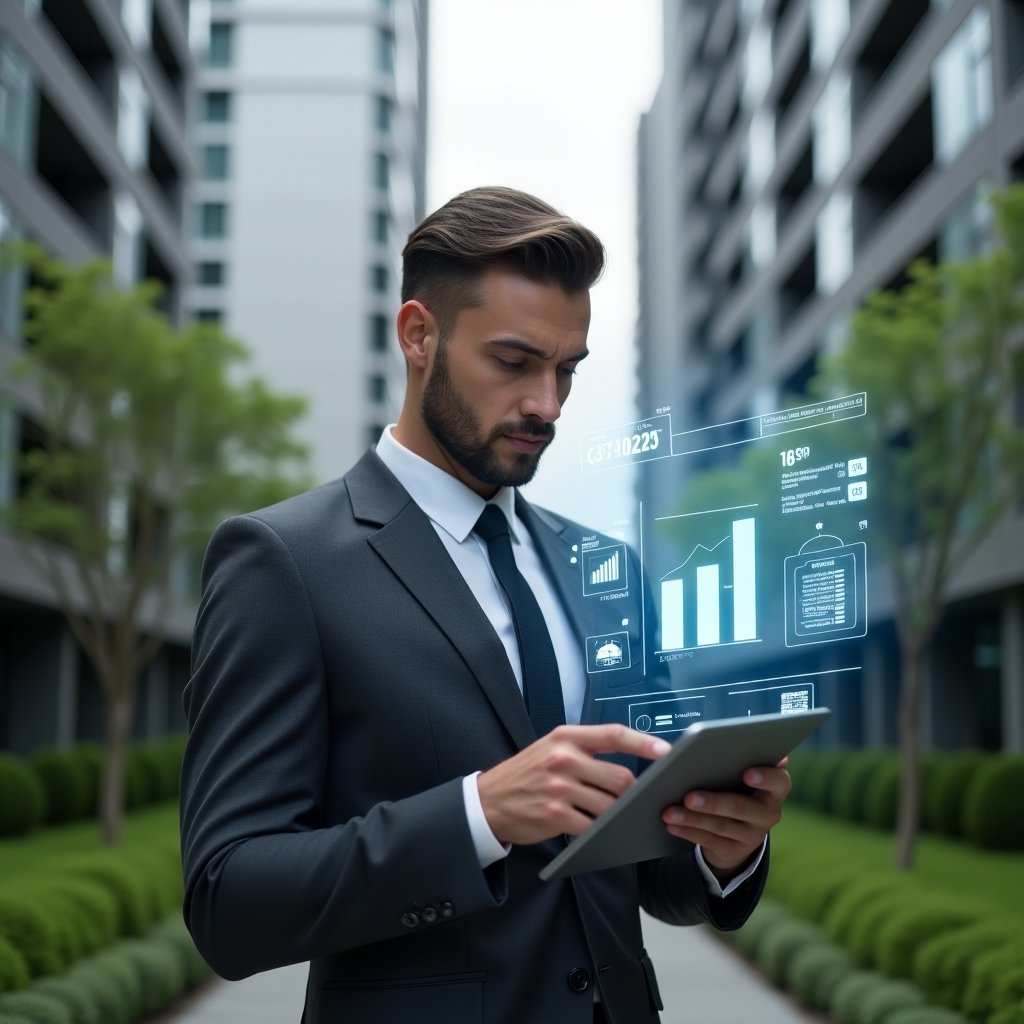 Ultra-realistic condominium property manager in a tailored dark gray executive suit, set in a modern luxury condominium environment with high-rise buildings and lush green landscaping, reviewing digital expense reports on a sleek tablet, surrounded by semi-transparent holographic financial charts and bill icons, confident and analytical expression, cinematic lighting, shallow depth of field, highly detailed textures, realistic skin, photographic realism, 8k resolution --ar 1:1 --v 6