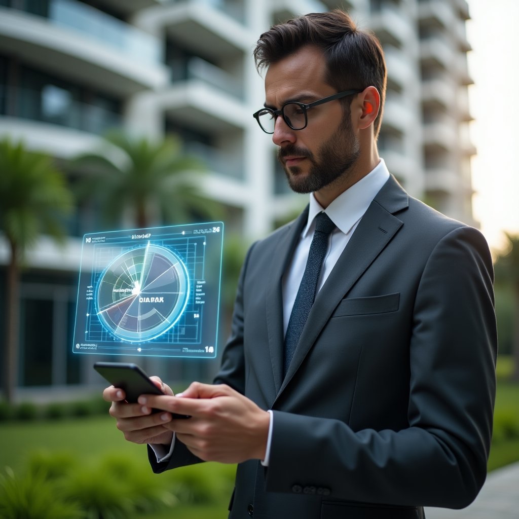 Ultra-realistic condominium manager in a dark gray tailored suit, medium shot in a modern luxury condominium environment with high-rise buildings and lush green landscaping, analyzing a holographic pie chart breaking down ordinary vs extraordinary expenses, holding a smartphone displaying a sleek condo management app interface, confident and focused expression, cinematic lighting, shallow depth of field, highly detailed textures, realistic skin, photographic realism, 8k resolution --ar 1:1 --v 6