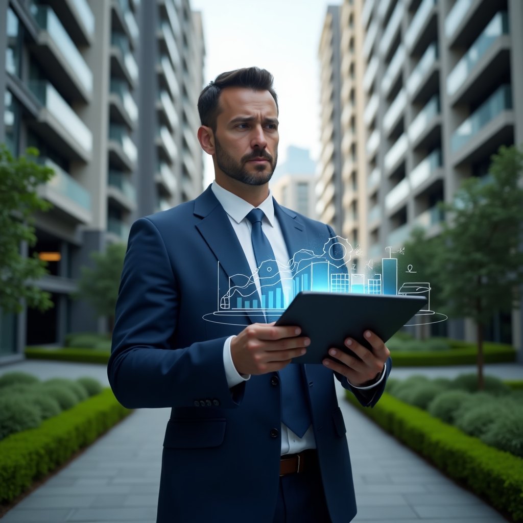 (Ultra-realistic mid shot of a professional condominium manager in a navy blue executive suit, set in a modern luxury condominium environment with high-rise buildings and manicured green landscaping, holding a digital tablet and analyzing floating holographic cost-saving charts, confident and focused expression, cinematic lighting, shallow depth of field, highly detailed textures, realistic skin, photographic realism, 8k resolution --ar 1:1 --v 6)