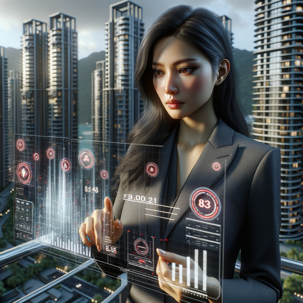 Ultra-realistic condominium manager in a charcoal gray executive suit, set in a modern luxury condominium environment with high-rise buildings and lush green landscaping, analyzing a holographic expense chart with red warning icons and floating money symbols, with a focused and determined expression, cinematic lighting, shallow depth of field, highly detailed textures, realistic skin, photographic realism, 8k resolution --ar 1:1 --v 6