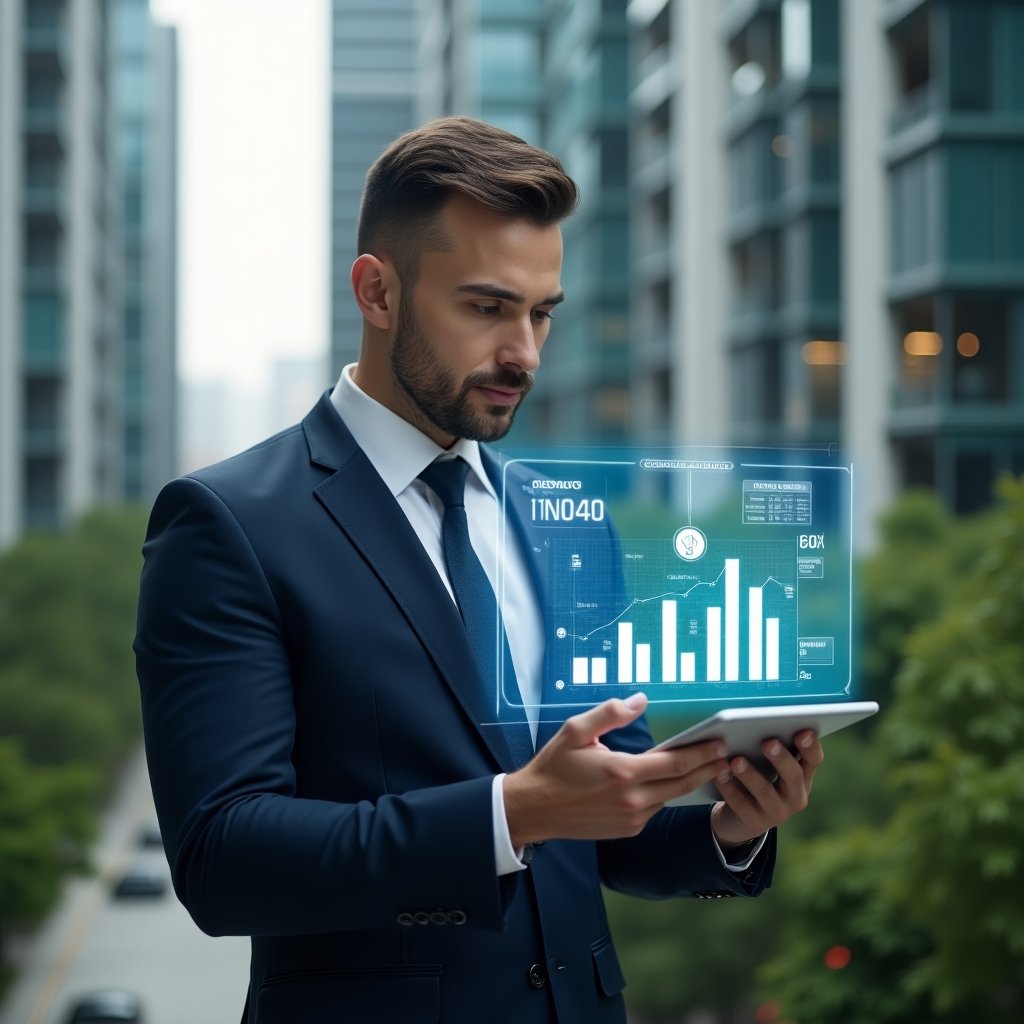 (Ultra-realistic condominium manager in a navy tailored suit, set in a modern luxury condominium environment with high-rise glass buildings and lush green landscaping, confidently analyzing a floating holographic financial chart of reserve funds while holding a transparent tablet displaying bar graphs and coin icons, cinematic lighting, shallow depth of field, highly detailed textures, realistic skin, photographic realism, 8k resolution --ar 1:1 --v 6)