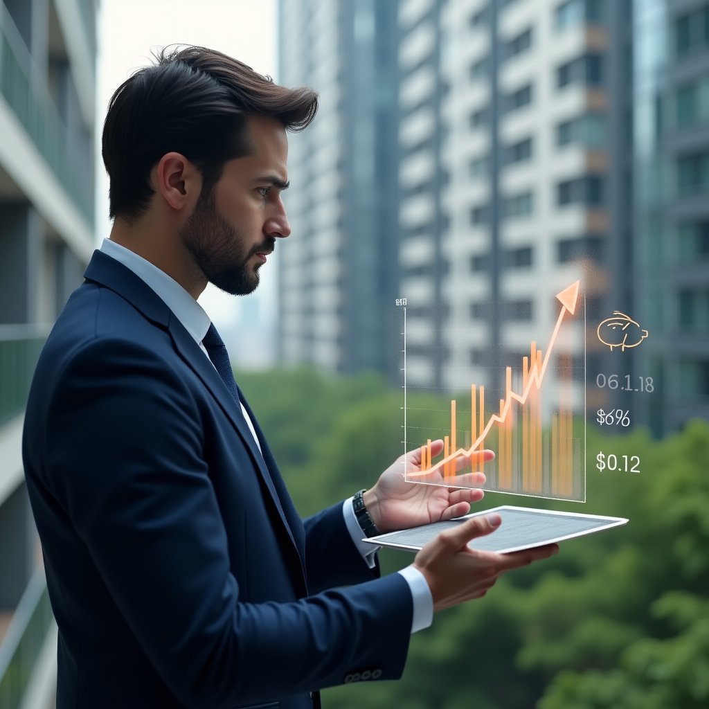(Ultra-realistic condominium manager in a navy blue suit, set in a modern luxury condominium environment with high-rise buildings and lush green landscaping, holding a holographic financial chart displaying downward expense trends, examining data with a thoughtful expression, floating bar graphs and piggy bank icon as symbolic visual elements, cinematic lighting, shallow depth of field, highly detailed textures, realistic skin, photographic realism, 8k resolution --ar 1:1 --v 6)