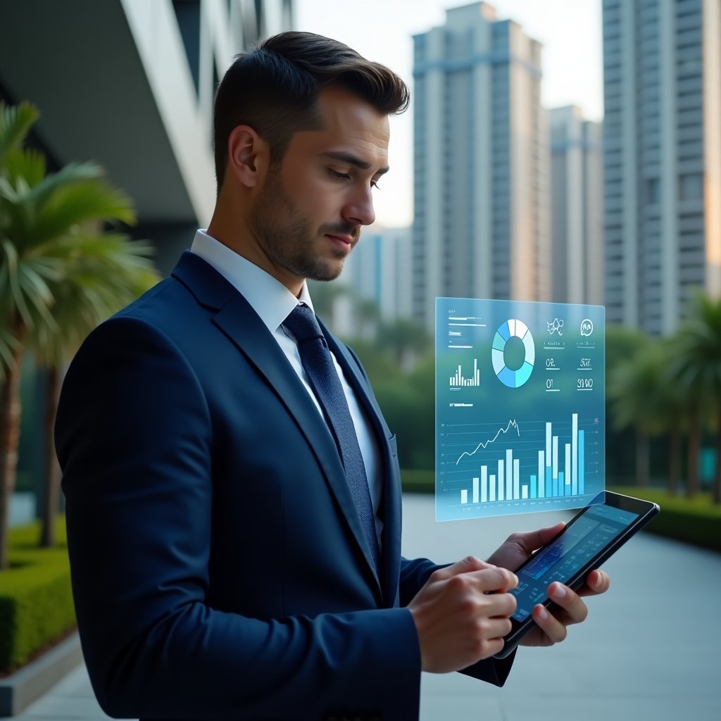 (Ultra-realistic condominium manager in a navy blue business suit, set in a modern luxury condominium environment with high-rise buildings and manicured green landscaping, medium-close up shot of them reviewing a holographic financial dashboard with pie charts, bar graphs and currency icons floating above a tablet, confident and focused expression, cinematic lighting, shallow depth of field, highly detailed textures, realistic skin, photographic realism, 8k resolution --ar 1:1 --v 6)