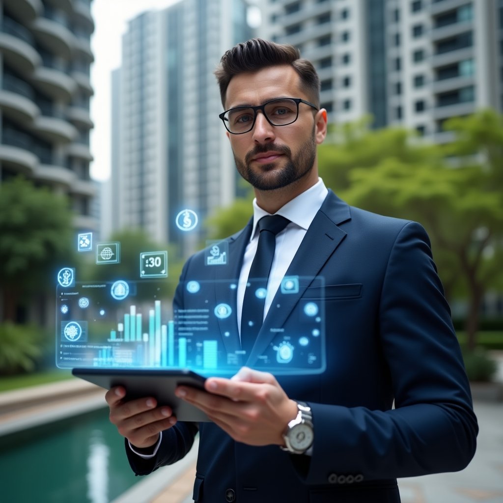 (Ultra-realistic condominium manager in a navy blue tailored suit, set in a modern luxury condominium environment with high-rise buildings and green landscaping, holding a digital tablet displaying holographic budget charts and graphs, holographic icons of coins and savings floating around, confident and focused expression, cinematic lighting, shallow depth of field, highly detailed textures, realistic skin, photographic realism, 8k resolution --ar 1:1 --v 6)