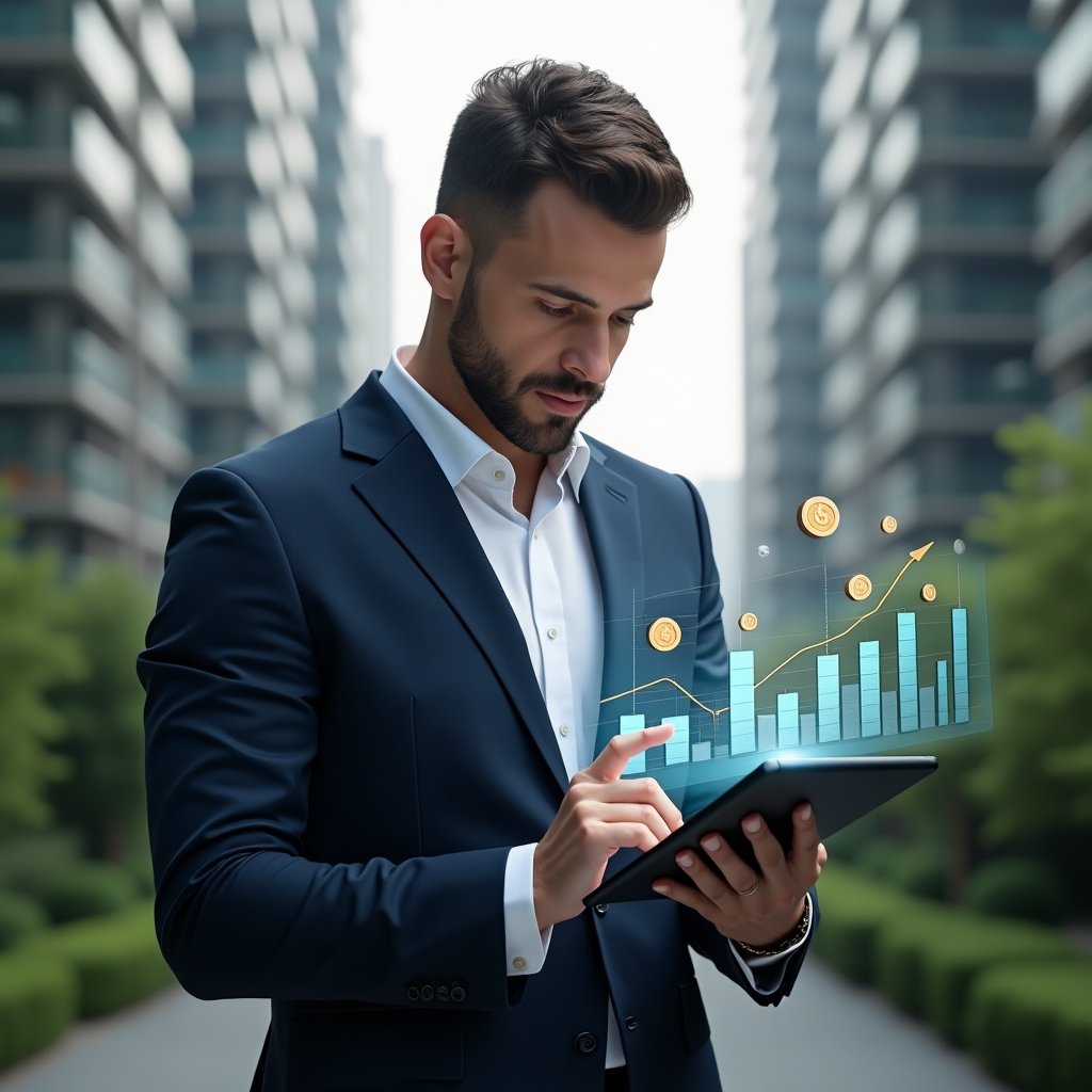 Ultra-realistic condominium manager in a tailored navy suit and crisp white shirt, set in a modern luxury condominium environment with high-rise buildings and manicured green landscaping, holding a tablet displaying holographic financial graphs while confidently analyzing budget projections, floating icons of coins and bar charts around, cinematic lighting, shallow depth of field, highly detailed textures, realistic skin, photographic realism, 8k resolution --ar 1:1 --v 6