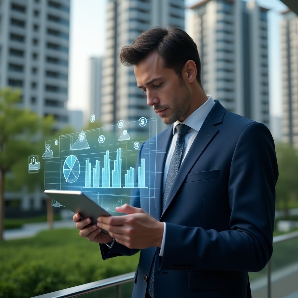 Ultra-realistic condominium manager in a tailored navy blue suit, set in a modern luxury condominium environment with high-rise buildings and lush green landscaping, holding a digital tablet displaying a holographic pie chart and bar graphs, analyzing financial data with a confident and thoughtful expression, holographic icons of coins and saving symbols floating around, cinematic lighting, shallow depth of field, highly detailed textures, realistic skin, photographic realism, 8k resolution --ar 1:1 --v 6