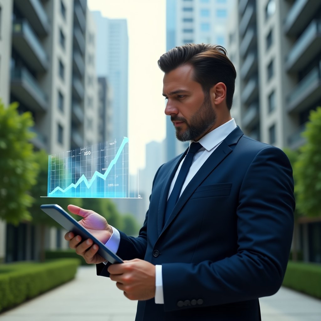 (Ultra-realistic condominium manager in a sleek navy suit, set in a modern luxury condominium environment with high-rise buildings and well-manicured green landscaping, reviewing a holographic emergency fund chart floating above a tablet, expression thoughtful and confident, cinematic lighting, shallow depth of field, highly detailed textures, realistic skin, photographic realism, 8k resolution --ar 1:1 --v 6)