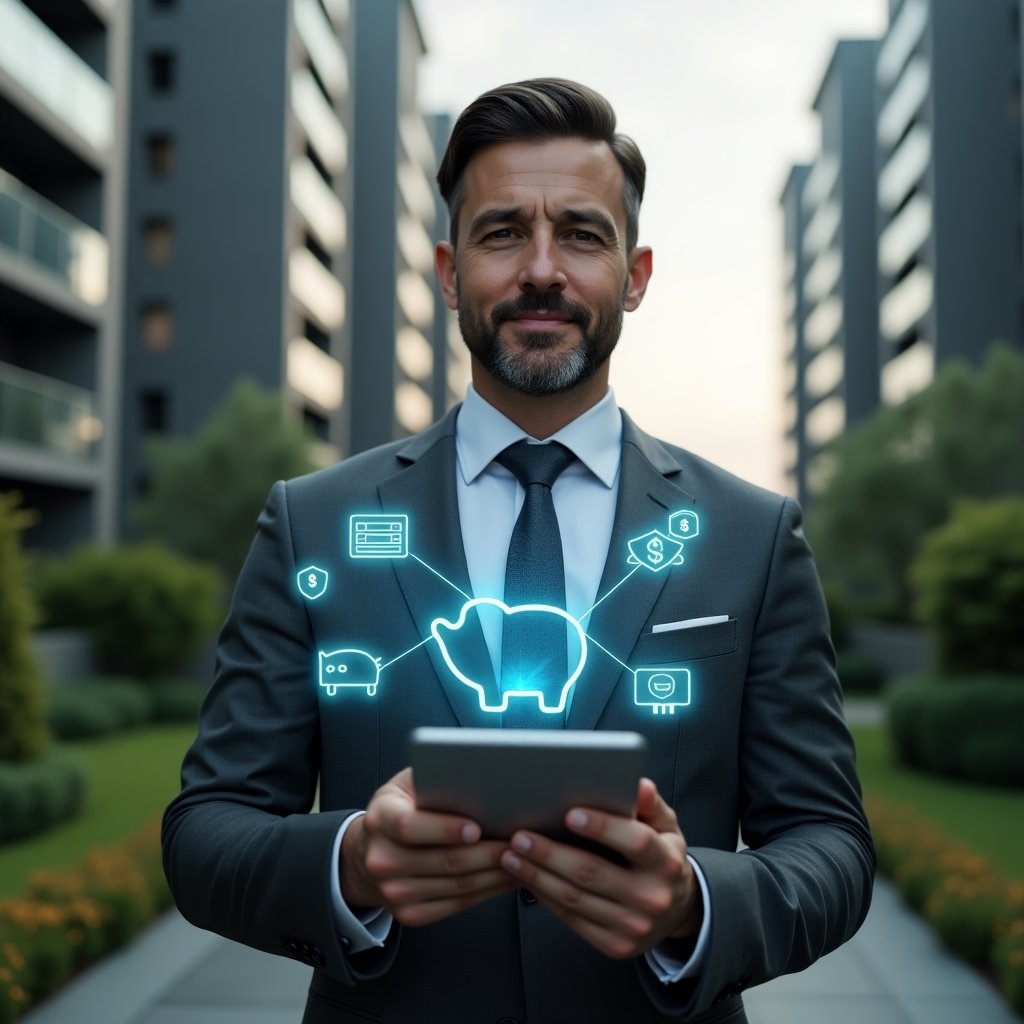 Ultra-realistic condominium manager in a charcoal gray tailored suit, set in a modern luxury condominium environment with high-rise buildings and lush green landscaping, mid-shot of a confident professional holding a tablet that projects a holographic app interface with financial charts, piggy bank and shield icons symbolizing reserve fund protection, cinematic lighting, shallow depth of field, highly detailed textures, realistic skin, photographic realism, 8k resolution --ar 1:1 --v 6