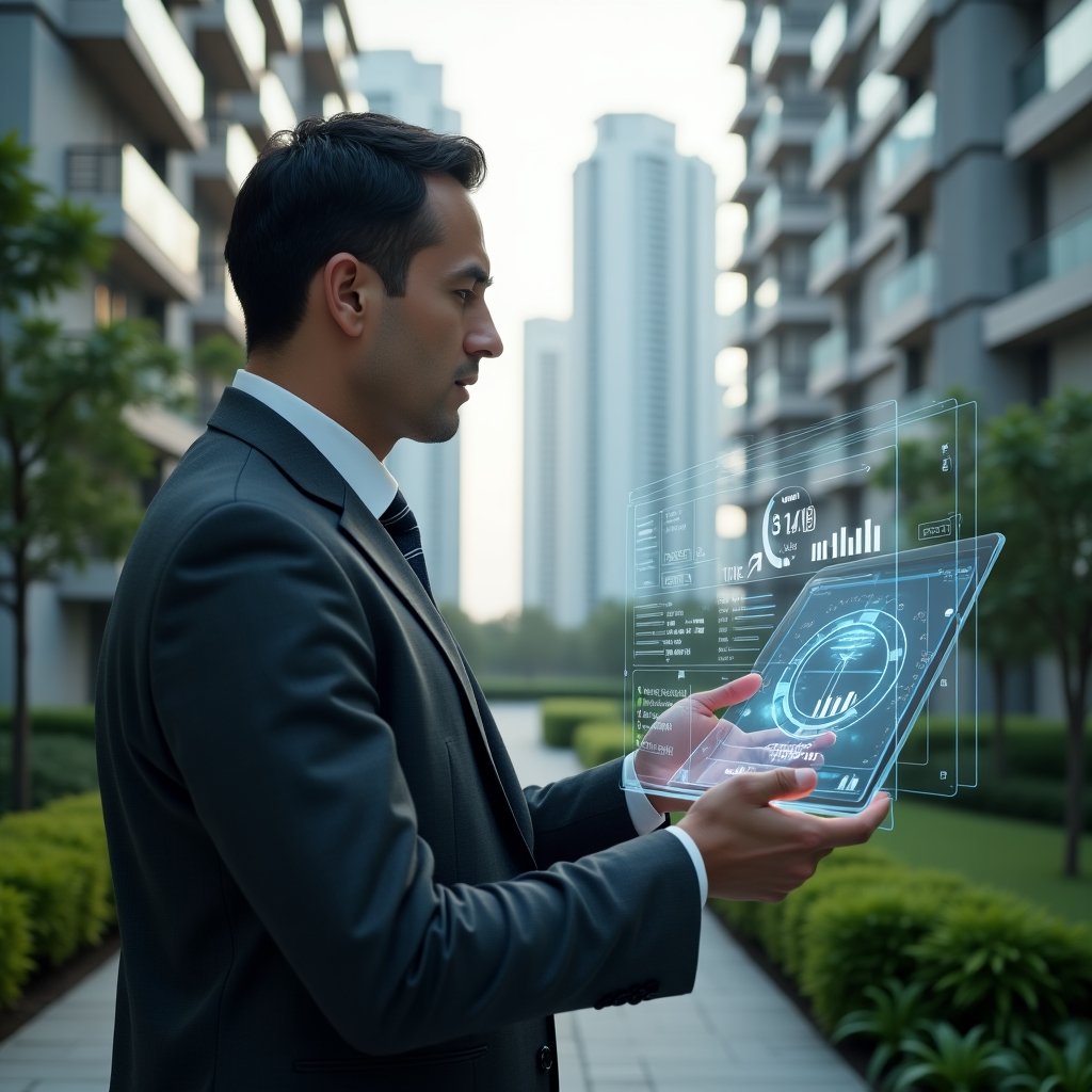 (Ultra-realistic condominium manager in a charcoal gray executive suit, set in a modern luxury condominium environment with high-rise buildings and manicured green landscaping, confidently examining a holographic financial dashboard displaying pie charts and cost-cutting icons, cinematic lighting, shallow depth of field, highly detailed textures, realistic skin, photographic realism, 8k resolution --ar 1:1 --v 6)