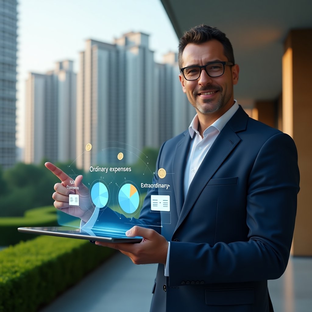(Ultra-realistic condominium manager in a navy blue executive suit, set in a modern luxury condominium environment with high-rise buildings and manicured green landscaping, holding a transparent tablet displaying holographic pie charts labeled “ordinary expenses” and “extraordinary expenses”, pointing at the charts with a confident, analytical expression, floating icons of coins and invoices around them, cinematic lighting, shallow depth of field, highly detailed textures, realistic skin, photographic realism, 8k resolution --ar 1:1 --v 6)