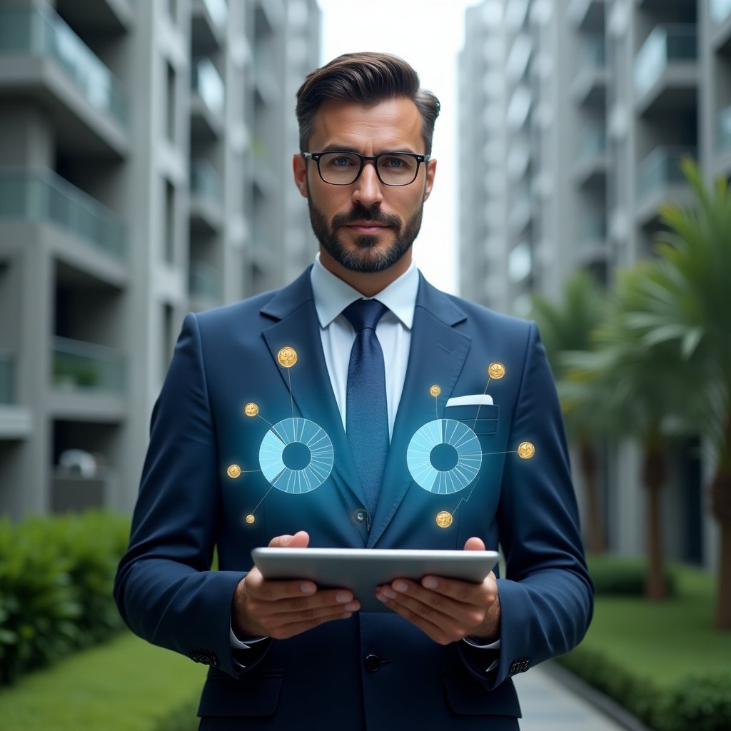(Ultra-realistic condominium manager in a navy blue suit, set in a modern luxury condominium environment with high-rise buildings and green landscaping, holding a digital tablet displaying holographic pie charts comparing ordinary and extraordinary expenses, surrounded by floating icons of coins and maintenance tools, analytical and confident expression, cinematic lighting, shallow depth of field, highly detailed textures, realistic skin, photographic realism, 8k resolution --ar 1:1 --v 6)