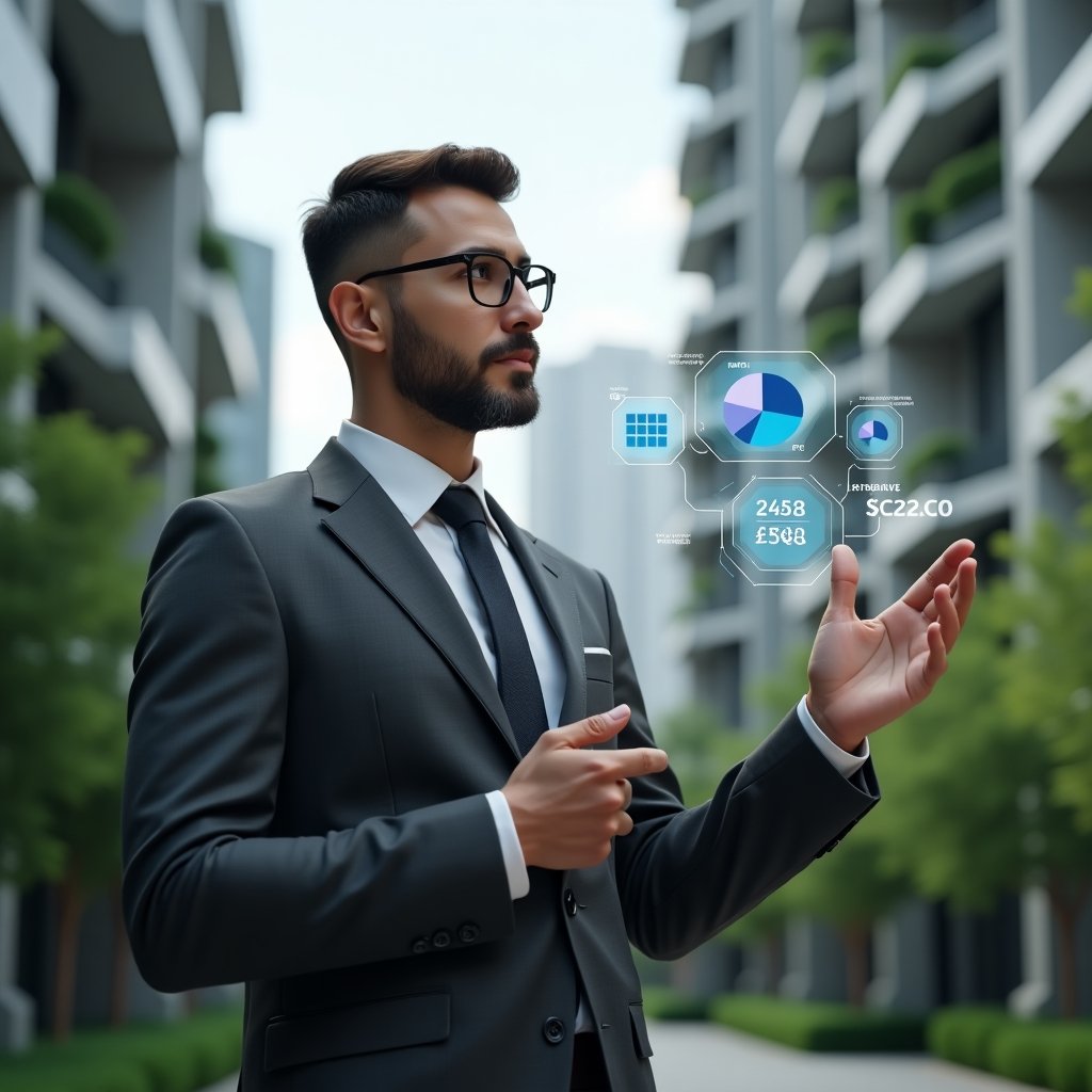 Ultra-realistic condominium manager in a charcoal gray executive suit, set in a modern luxury condominium environment with high-rise buildings and meticulously maintained green landscaping, in a medium shot analyzing floating holographic pie charts and expense icons labeled “ordinary” and “extraordinary,” confident and thoughtful expression, cinematic lighting, shallow depth of field, highly detailed textures, realistic skin, photographic realism, 8k resolution --ar 1:1 --v 6