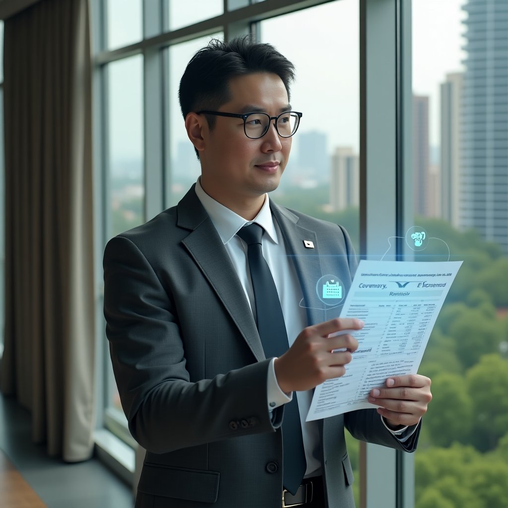 (Ultra-realistic condominium manager in a charcoal gray tailored suit, set in a modern luxury condominium environment with high-rise buildings and manicured green landscaping visible through floor-to-ceiling windows, medium shot, holding and comparing two holographic financial reports labeled “Ordinary expenses” and “Extraordinary expenses” with floating icons of a calendar and maintenance tools, expression thoughtful and confident, cinematic lighting, shallow depth of field, highly detailed textures, realistic skin, photographic realism, 8k resolution --ar 1:1 --v 6)