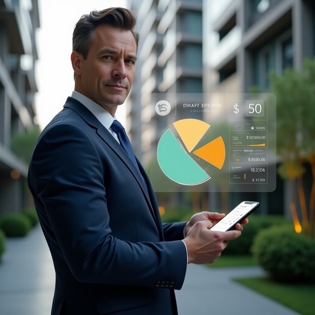 Ultra-realistic condominium manager in a tailored navy suit, set in a modern luxury condominium environment with high-rise buildings and manicured gardens, interacting with a holographic pie chart splitting ordinary and extraordinary expenses while holding a floating smartphone displaying a condo management app interface, analytical and confident expression, cinematic lighting, shallow depth of field, highly detailed textures, realistic skin, photographic realism, 8k resolution --ar 1:1 --v 6