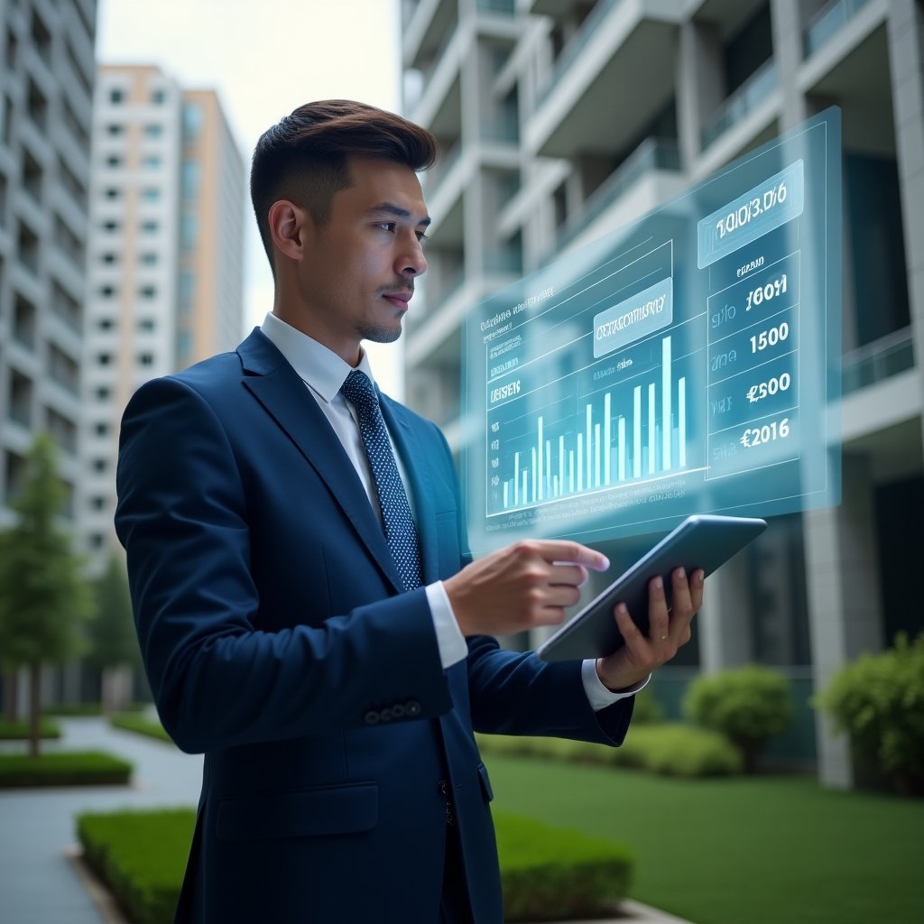 (Ultra-realistic condominium manager in a navy blue executive suit, set in a modern luxury condominium environment with high-rise buildings and lush green landscaping, medium shot of a confident professional analyzing a transparent holographic expense chart showing ordinary vs extraordinary costs, holding a digital tablet displaying budget graphs, cinematic lighting, shallow depth of field, highly detailed textures, realistic skin, photographic realism, 8k resolution --ar 1:1 --v 6)