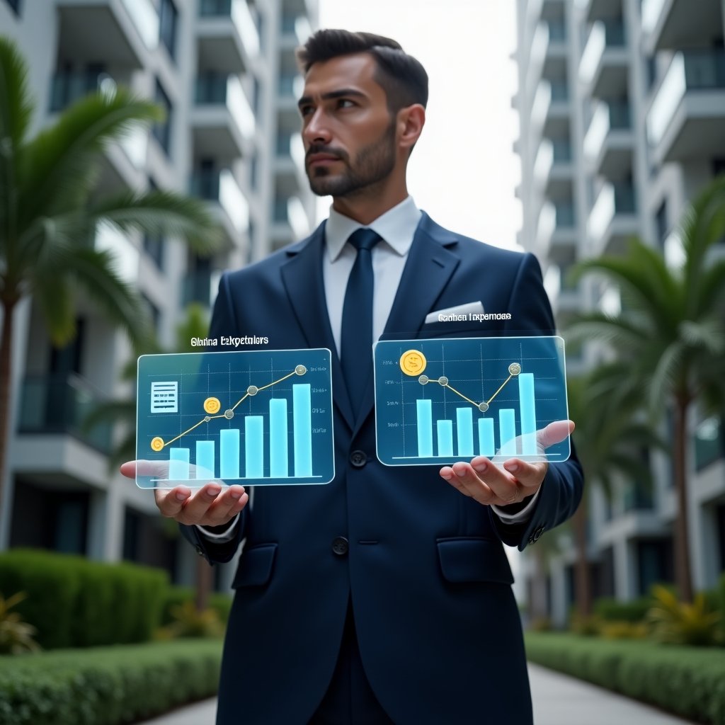 Ultra-realistic condominium manager in a navy blue suit, set in a modern luxury condominium environment with high-rise buildings and lush green landscaping, holding two holographic financial charts labeled “Ordinary Expenses” and “Extraordinary Expenses,” with floating icons of coins, invoices and bar graphs, thoughtful and confident expression, cinematic lighting, shallow depth of field, highly detailed textures, realistic skin, photographic realism, 8k resolution --ar 1:1 --v 6
