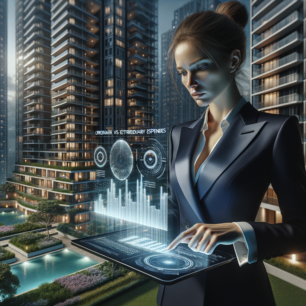 Ultra-realistic condominium manager in a tailored navy suit, set in a modern luxury condominium environment with high-rise buildings and well-maintained green landscaping, analyzing holographic financial charts comparing ordinary vs extraordinary expenses projected above a tablet, thoughtful expression, cinematic lighting, shallow depth of field, highly detailed textures, realistic skin, photographic realism, 8k resolution --ar 1:1 --v 6