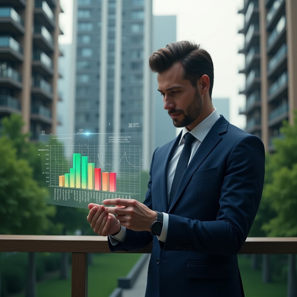 Ultra-realistic condominium manager in a dark blue suit, set in a modern luxury condominium environment with high-rise buildings and lush green landscaping, examining a transparent holographic financial chart split into green “ordinary” and red “extraordinary” expense segments with a confident, analytical expression, cinematic lighting, shallow depth of field, highly detailed textures, realistic skin, photographic realism, 8k resolution --ar 1:1 --v 6