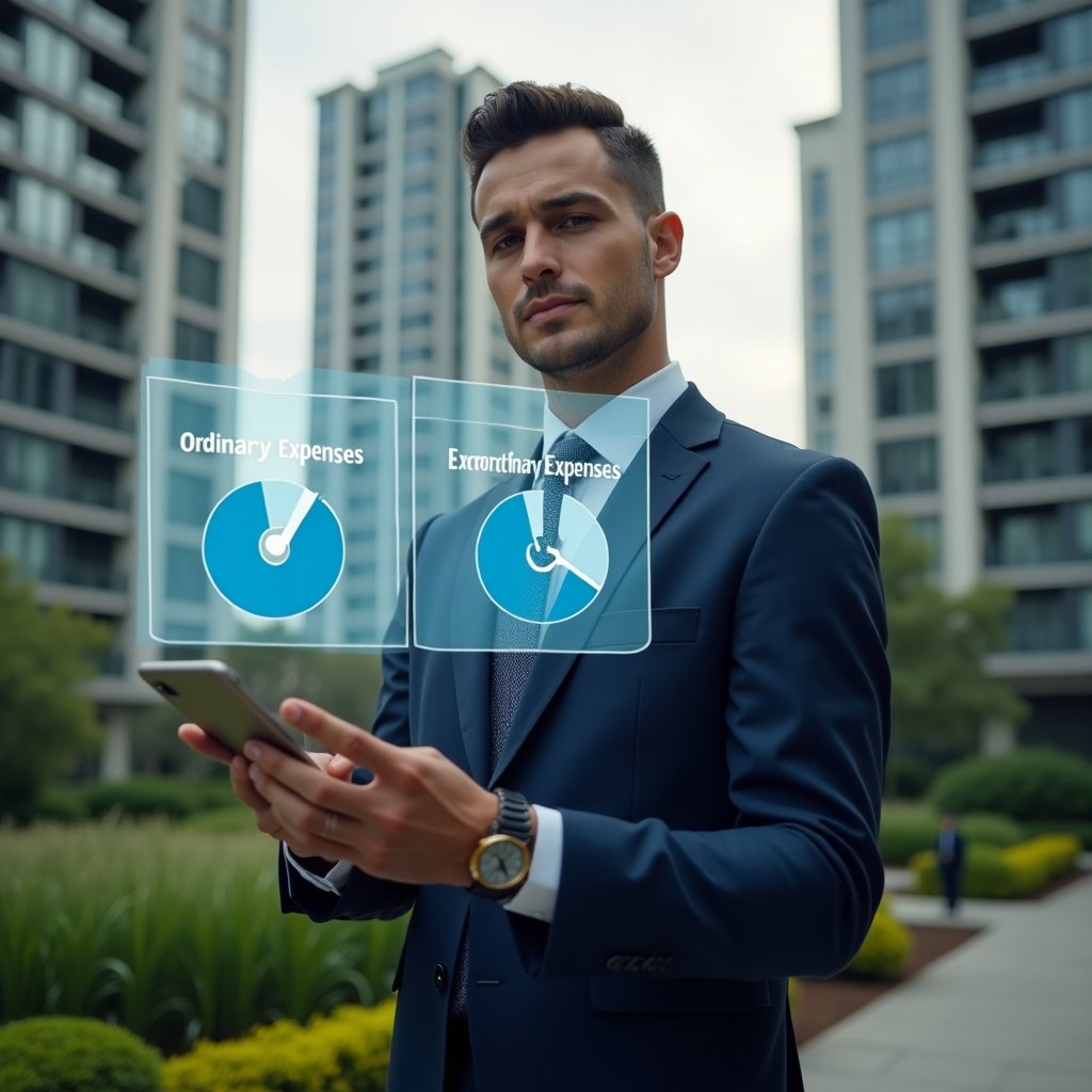 (Ultra-realistic condominium manager in a tailored navy suit, set in a modern luxury condominium environment with high-rise buildings and lush green landscaping, close-up of a confident professional analyzing floating holographic pie charts labeled “ordinary expenses” and “extraordinary expenses” with icons of a calendar and repair wrench, cinematic lighting, shallow depth of field, highly detailed textures, realistic skin, photographic realism, 8k resolution --ar 1:1 --v 6)
