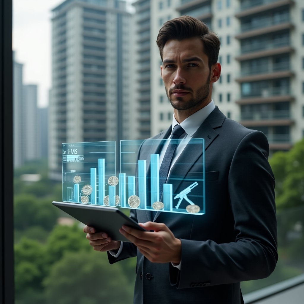 Ultra-realistic condominium manager in a dark gray suit, set in a modern luxury condominium environment with high-rise buildings and green landscaping, holding a tablet projecting a holographic split-screen chart comparing ordinary and extraordinary expenses, holographic icons of coins and repair tools symbolize the two categories, confident and analytical expression, cinematic lighting, shallow depth of field, highly detailed textures, realistic skin, photographic realism, 8k resolution --ar 1:1 --v 6