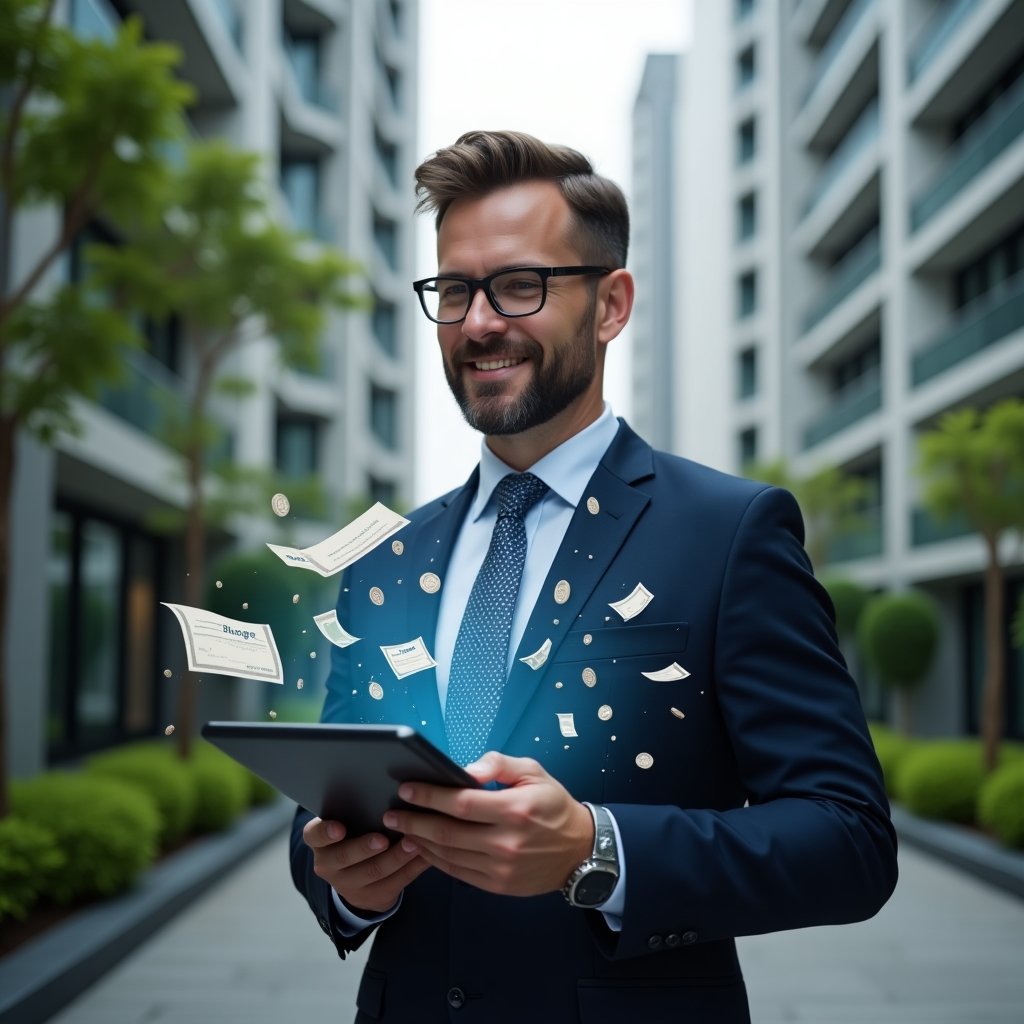 (Ultra-realistic condominium manager in a tailored navy suit, set in a modern luxury condominium environment with high-rise buildings and lush green landscaping, holding a digital tablet displaying budget breakdown charts, surrounded by floating holographic icons of receipts and coins representing ordinary vs extraordinary expenses, cinematic lighting, shallow depth of field, highly detailed textures, realistic skin, photographic realism, 8k resolution --ar 1:1 --v 6)