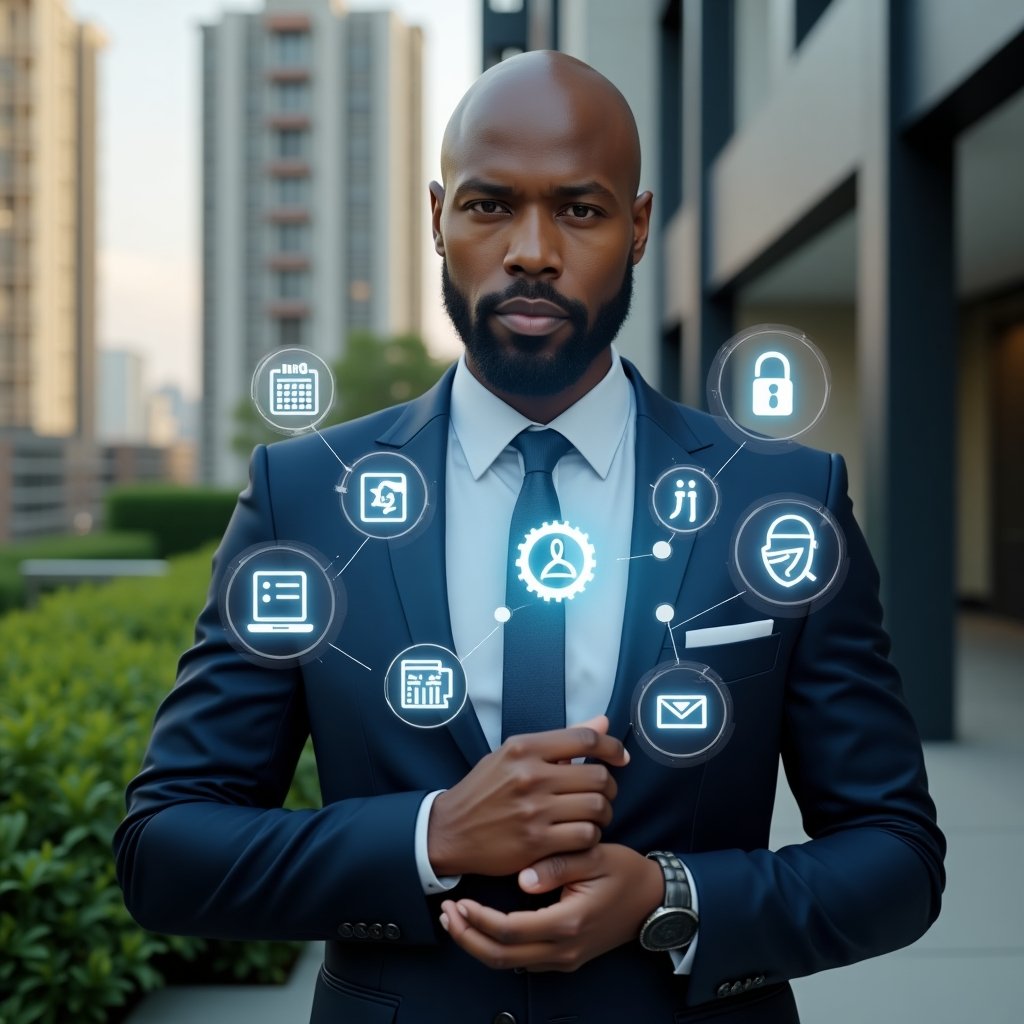 (Ultra-realistic property manager in a navy blue suit, set in a modern luxury condominium environment with high-rise buildings and lush green landscaping, interacting with a floating holographic interface displaying 10 condo management app features like chat bubbles, calendar, finance charts and security icons, confident and focused expression, cinematic lighting, shallow depth of field, highly detailed textures, realistic skin, photographic realism, 8k resolution --ar 1:1 --v 6)