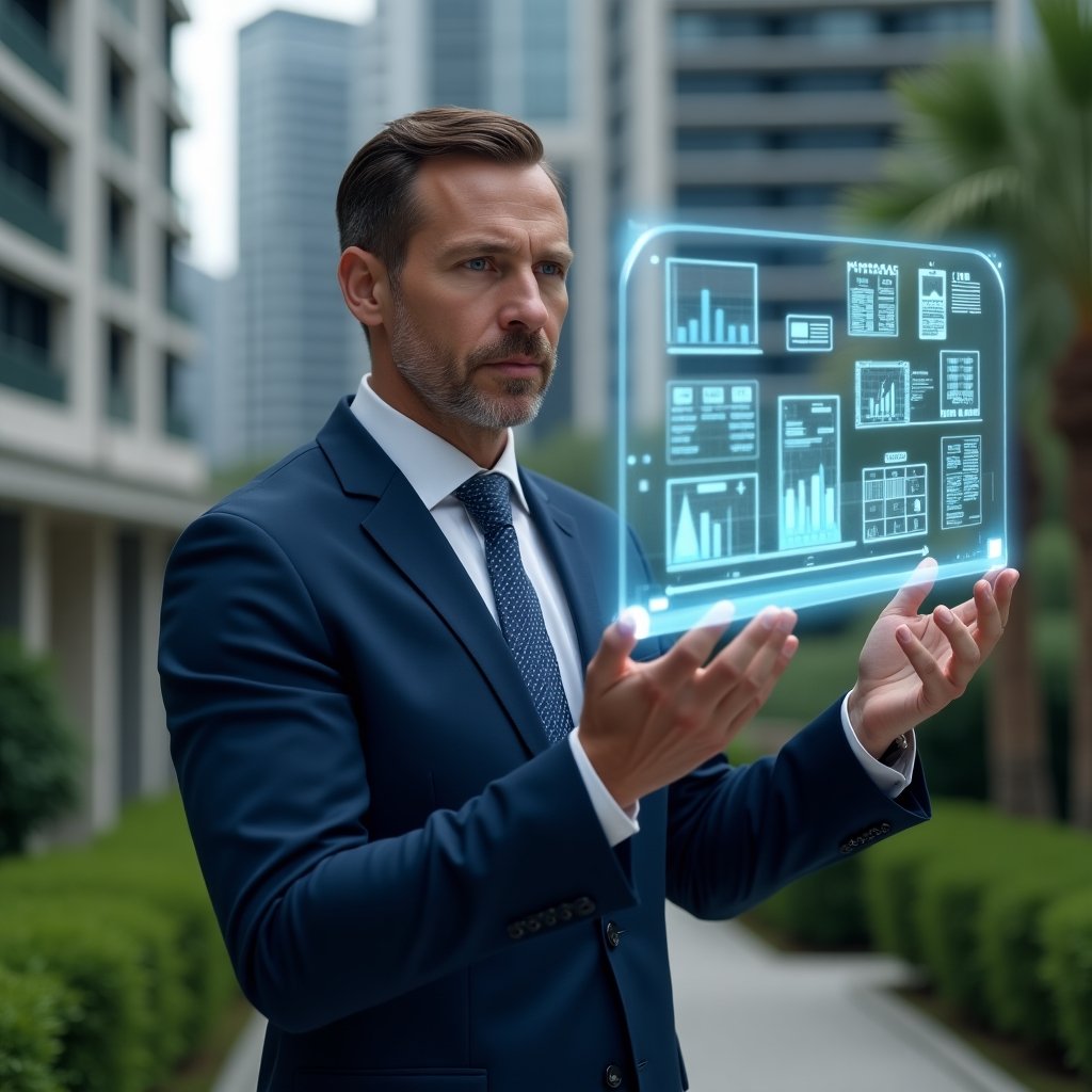 (Ultra-realistic condominium manager in a navy blue suit, set in a modern luxury condominium environment with high-rise buildings and lush green landscaping, interacting with a floating holographic touchscreen displaying financial graphs, calendar schedules, real-time notification icons and document symbols, confident and focused expression, cinematic lighting, shallow depth of field, highly detailed textures, realistic skin, photographic realism, 8k resolution --ar 1:1 --v 6)