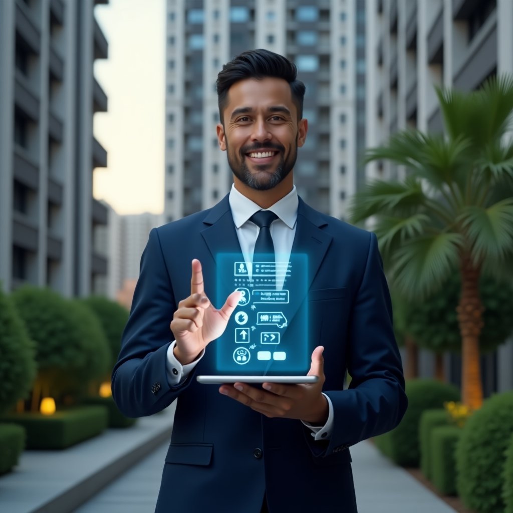 (Ultra-realistic condominium manager in a navy blue suit, set in a modern luxury condominium environment with high-rise buildings and lush green landscaping, mid-shot holding a digital tablet displaying a floating holographic checklist of ten community rules, gesturing toward glowing icons of handshake and speech bubbles symbolizing harmony and dialogue, confident and welcoming expression, cinematic lighting, shallow depth of field, highly detailed textures, realistic skin, photographic realism, 8k resolution --ar 1:1 --v 6)