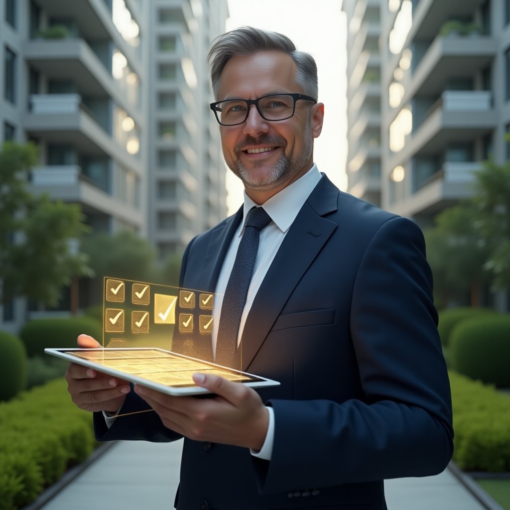 Ultra-realistic condominium manager in a navy business suit, set in a modern luxury condominium environment with high-rise buildings and manicured green landscaping, confidently holding a digital tablet projecting holographic checklists and golden tablets symbolizing the ten commandments of successful management, cinematic lighting, shallow depth of field, highly detailed textures, realistic skin, photographic realism, 8k resolution --ar 1:1 --v 6