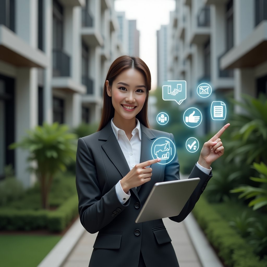 (Ultra-realistic female condominium manager in a charcoal grey suit, set in a modern luxury condominium environment with high-rise buildings and well-manicured green landscaping, holding a tablet displaying a digital condominium management app interface, pointing at floating holographic icons of a checklist, handshake and chat bubble symbolizing community rules, confident and welcoming expression, cinematic lighting, shallow depth of field, highly detailed textures, realistic skin, photographic realism, 8k resolution --ar 1:1 --v 6)
