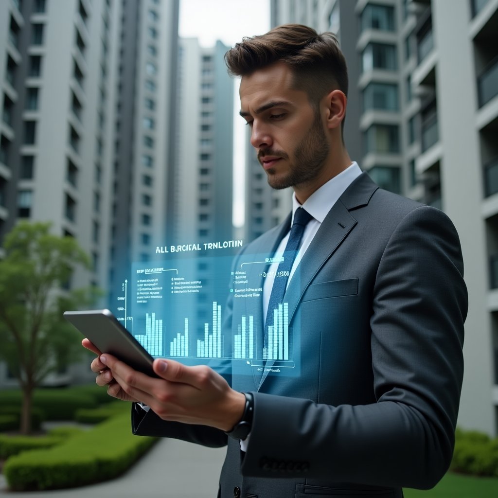 (Ultra-realistic condominium manager in a charcoal gray suit, set in a modern luxury condominium environment with high-rise buildings and manicured green landscaping, analyzing a holographic budget breakdown highlighting ordinary and extraordinary expenses, holding a tablet displaying an app interface for condominium management, confident and focused expression, cinematic lighting, shallow depth of field, highly detailed textures, realistic skin, photographic realism, 8k resolution --ar 1:1 --v 6)