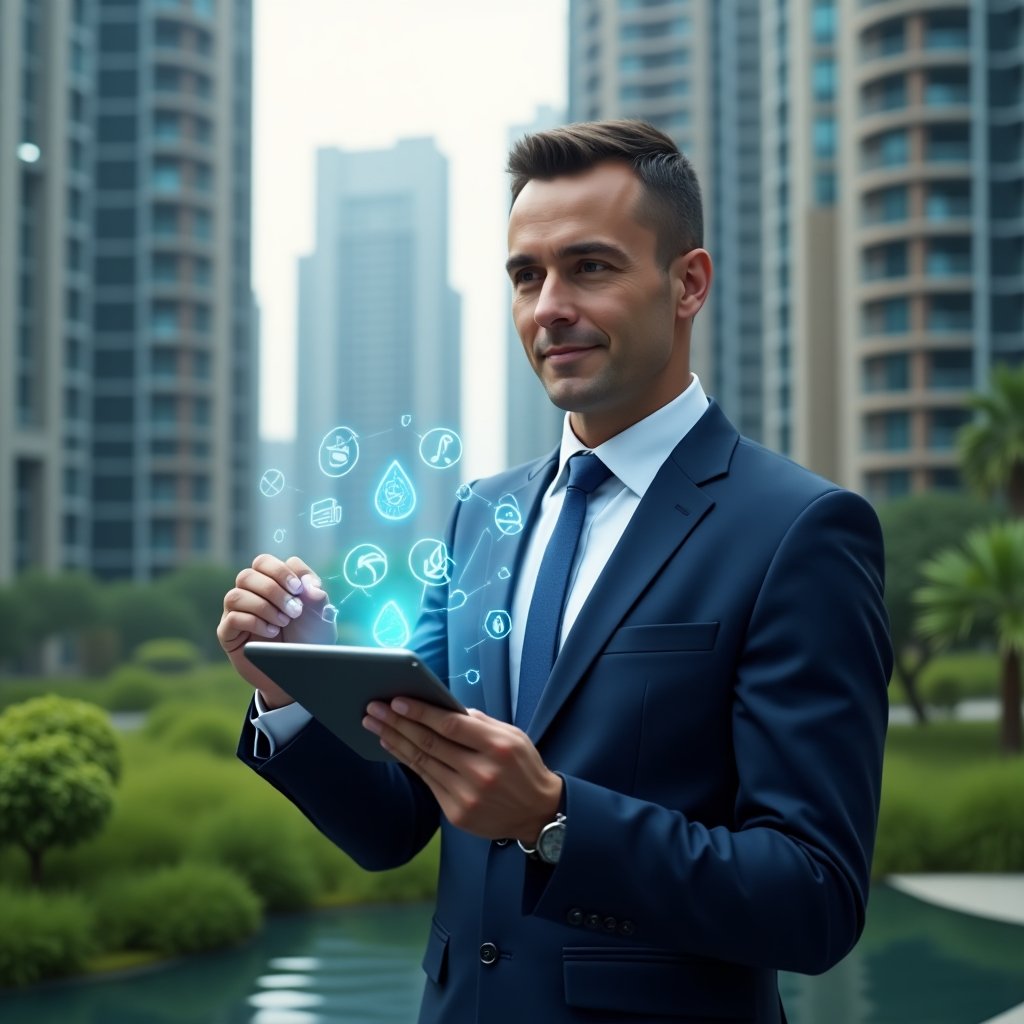 Ultra-realistic condominium manager in a tailored navy-blue suit, set in a modern luxury condominium environment with high-rise buildings and lush green landscaping, holding a digital tablet projecting holographic water-drop and energy-saving icons, confidently analyzing sustainability data, cinematic lighting, shallow depth of field, highly detailed textures, realistic skin, photographic realism, 8k resolution --ar 1:1 --v 6
