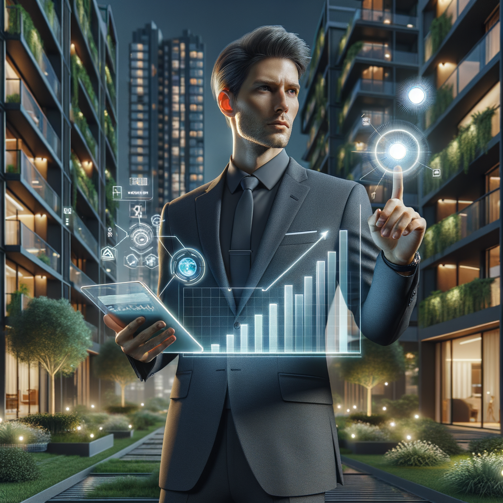 Ultra-realistic condominium manager in a charcoal gray suit, set in a modern luxury condominium environment with high-rise buildings and lush green landscaping, confidently pointing at a floating holographic solar panel and rising bar chart displayed on a transparent tablet, surrounded by subtle solar cell icons and sun holograms, cinematic lighting, shallow depth of field, highly detailed textures, realistic skin, photographic realism, 8k resolution --ar 1:1 --v 6